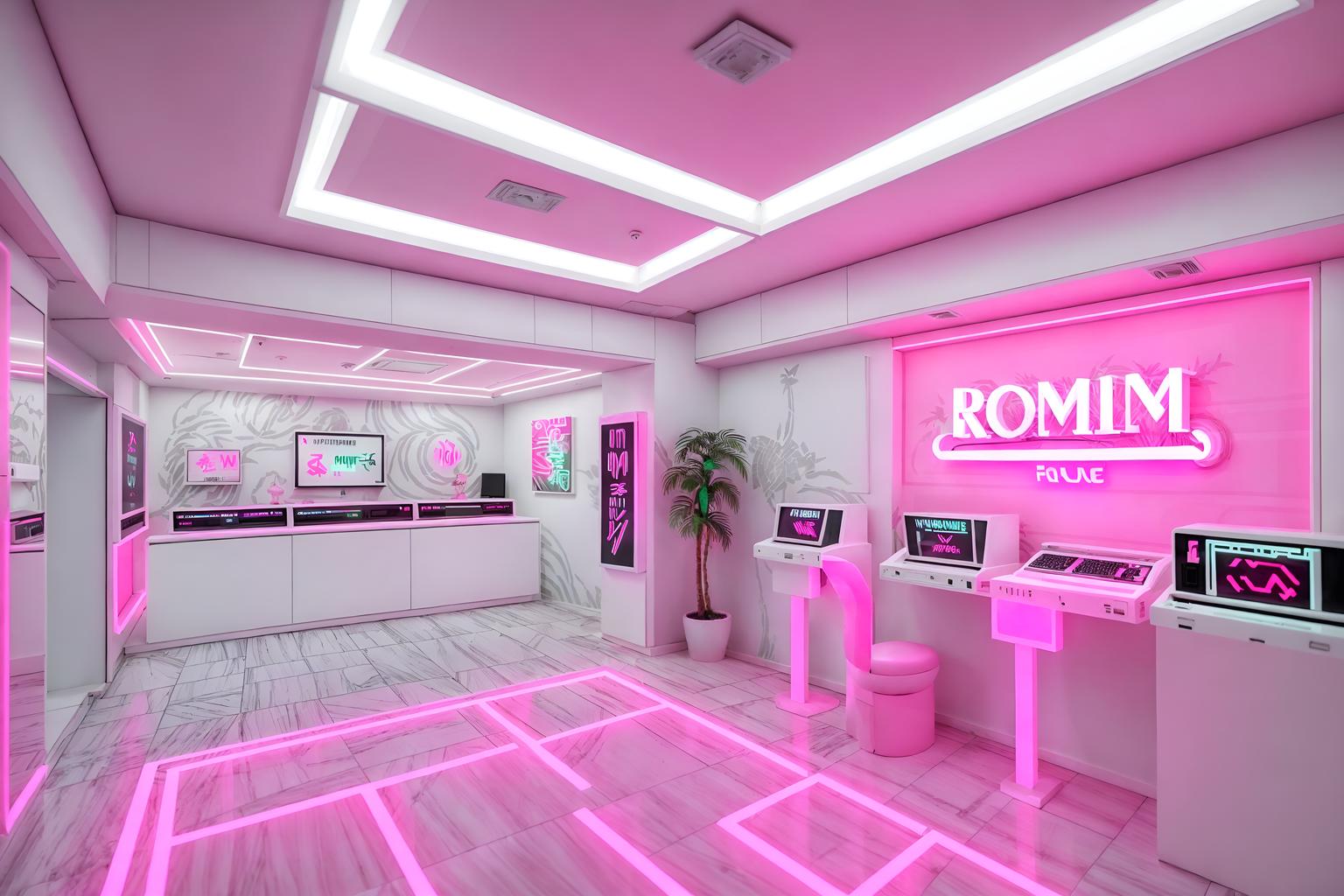 vaporwave-style (gaming room interior) . with white square bathroom tiles and bright pink and neon glow and 1980s retail shops and palm trees and japanese letters on wall and palm trees and white roman statues, white roman sculptures, white roman columns, white roman pillars in the center of the room,. . cinematic photo, highly detailed, cinematic lighting, ultra-detailed, ultrarealistic, photorealism, 8k. vaporwave interior design style. masterpiece, cinematic light, ultrarealistic+, photorealistic+, 8k, raw photo, realistic, sharp focus on eyes, (symmetrical eyes), (intact eyes), hyperrealistic, highest quality, best quality, , highly detailed, masterpiece, best quality, extremely detailed 8k wallpaper, masterpiece, best quality, ultra-detailed, best shadow, detailed background, detailed face, detailed eyes, high contrast, best illumination, detailed face, dulux, caustic, dynamic angle, detailed glow. dramatic lighting. highly detailed, insanely detailed hair, symmetrical, intricate details, professionally retouched, 8k high definition. strong bokeh. award winning photo.