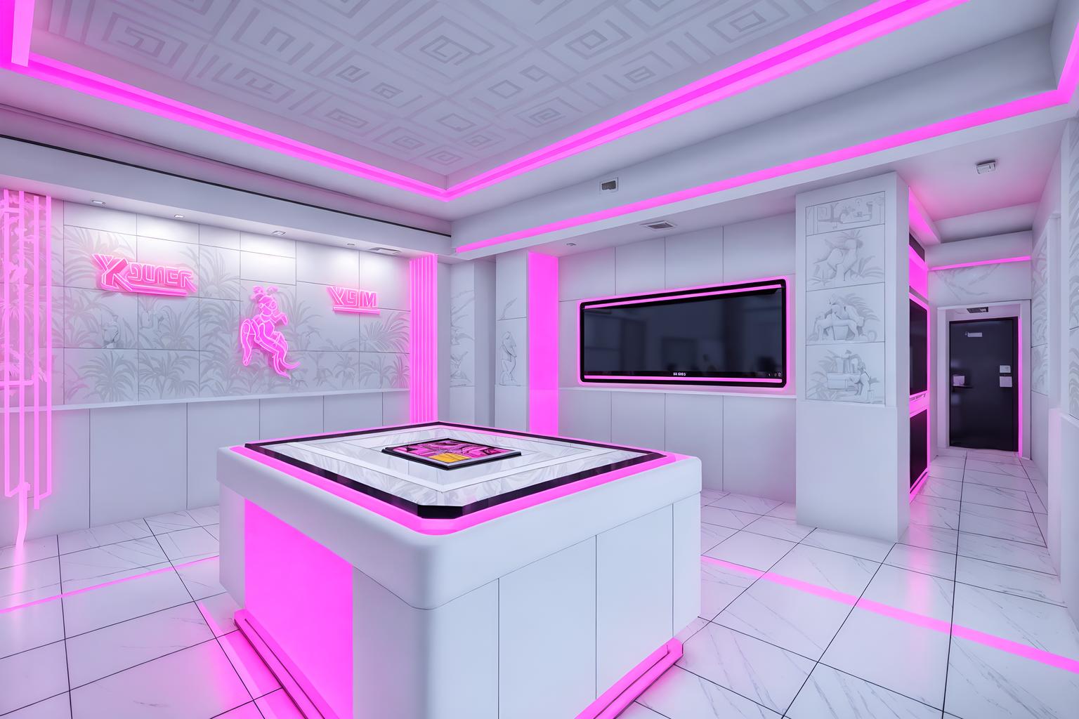 vaporwave-style (gaming room interior) . with white square bathroom tiles and bright pink and neon glow and 1980s retail shops and palm trees and japanese letters on wall and palm trees and white roman statues, white roman sculptures, white roman columns, white roman pillars in the center of the room,. . cinematic photo, highly detailed, cinematic lighting, ultra-detailed, ultrarealistic, photorealism, 8k. vaporwave interior design style. masterpiece, cinematic light, ultrarealistic+, photorealistic+, 8k, raw photo, realistic, sharp focus on eyes, (symmetrical eyes), (intact eyes), hyperrealistic, highest quality, best quality, , highly detailed, masterpiece, best quality, extremely detailed 8k wallpaper, masterpiece, best quality, ultra-detailed, best shadow, detailed background, detailed face, detailed eyes, high contrast, best illumination, detailed face, dulux, caustic, dynamic angle, detailed glow. dramatic lighting. highly detailed, insanely detailed hair, symmetrical, intricate details, professionally retouched, 8k high definition. strong bokeh. award winning photo.