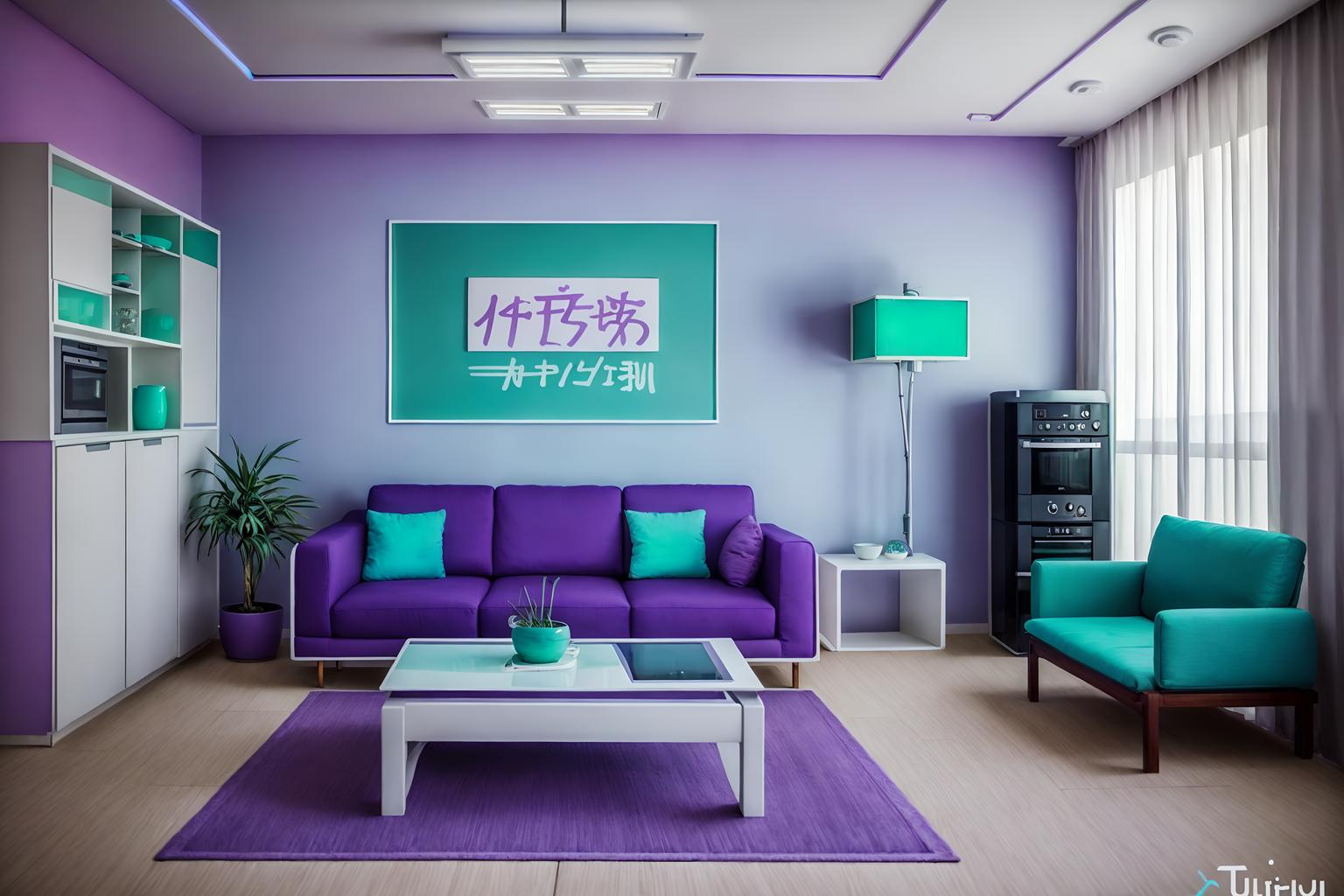 vaporwave-style (kitchen living combo interior) with sofa and furniture and electric lamps and televisions and sink and worktops and occasional tables and chairs. . with teal colors and japanese letters on wall and purple lights and washed out colors and japanese letters on wall and palm trees and palm trees and white square bathroom tiles. . cinematic photo, highly detailed, cinematic lighting, ultra-detailed, ultrarealistic, photorealism, 8k. vaporwave interior design style. masterpiece, cinematic light, ultrarealistic+, photorealistic+, 8k, raw photo, realistic, sharp focus on eyes, (symmetrical eyes), (intact eyes), hyperrealistic, highest quality, best quality, , highly detailed, masterpiece, best quality, extremely detailed 8k wallpaper, masterpiece, best quality, ultra-detailed, best shadow, detailed background, detailed face, detailed eyes, high contrast, best illumination, detailed face, dulux, caustic, dynamic angle, detailed glow. dramatic lighting. highly detailed, insanely detailed hair, symmetrical, intricate details, professionally retouched, 8k high definition. strong bokeh. award winning photo.