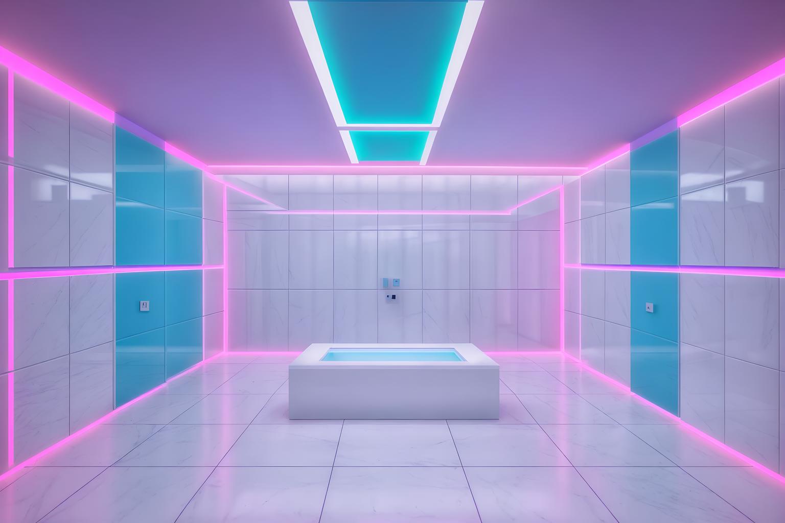 vaporwave-style (exhibition space interior) . with purple lights and white square bathroom tiles and neon glow and white square bathroom tiles and baby blue and white square bathroom tiles and bright pink and washed out colors. . cinematic photo, highly detailed, cinematic lighting, ultra-detailed, ultrarealistic, photorealism, 8k. vaporwave interior design style. masterpiece, cinematic light, ultrarealistic+, photorealistic+, 8k, raw photo, realistic, sharp focus on eyes, (symmetrical eyes), (intact eyes), hyperrealistic, highest quality, best quality, , highly detailed, masterpiece, best quality, extremely detailed 8k wallpaper, masterpiece, best quality, ultra-detailed, best shadow, detailed background, detailed face, detailed eyes, high contrast, best illumination, detailed face, dulux, caustic, dynamic angle, detailed glow. dramatic lighting. highly detailed, insanely detailed hair, symmetrical, intricate details, professionally retouched, 8k high definition. strong bokeh. award winning photo.