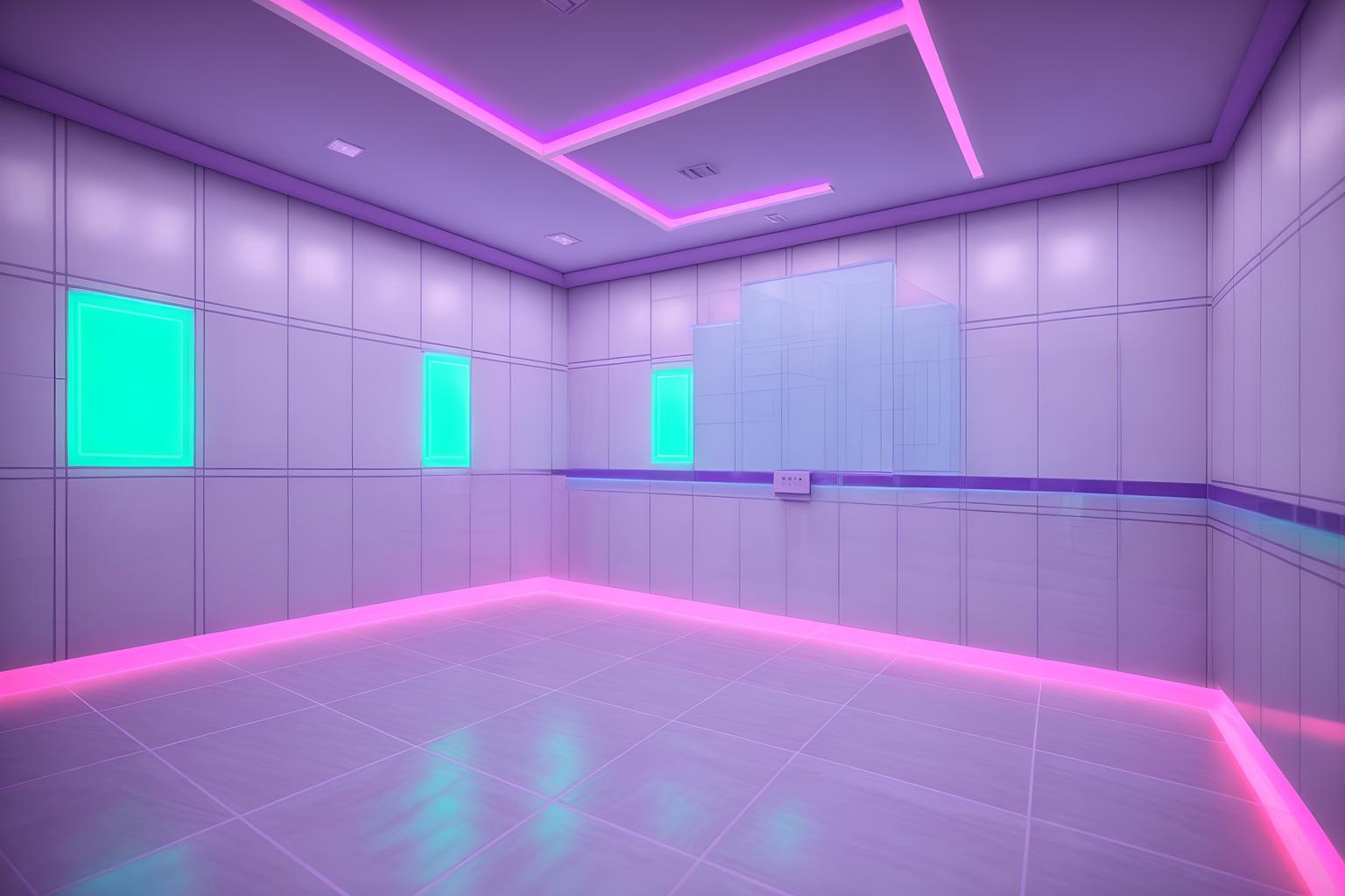 vaporwave-style (exhibition space interior) . with purple lights and white square bathroom tiles and neon glow and white square bathroom tiles and baby blue and white square bathroom tiles and bright pink and washed out colors. . cinematic photo, highly detailed, cinematic lighting, ultra-detailed, ultrarealistic, photorealism, 8k. vaporwave interior design style. masterpiece, cinematic light, ultrarealistic+, photorealistic+, 8k, raw photo, realistic, sharp focus on eyes, (symmetrical eyes), (intact eyes), hyperrealistic, highest quality, best quality, , highly detailed, masterpiece, best quality, extremely detailed 8k wallpaper, masterpiece, best quality, ultra-detailed, best shadow, detailed background, detailed face, detailed eyes, high contrast, best illumination, detailed face, dulux, caustic, dynamic angle, detailed glow. dramatic lighting. highly detailed, insanely detailed hair, symmetrical, intricate details, professionally retouched, 8k high definition. strong bokeh. award winning photo.