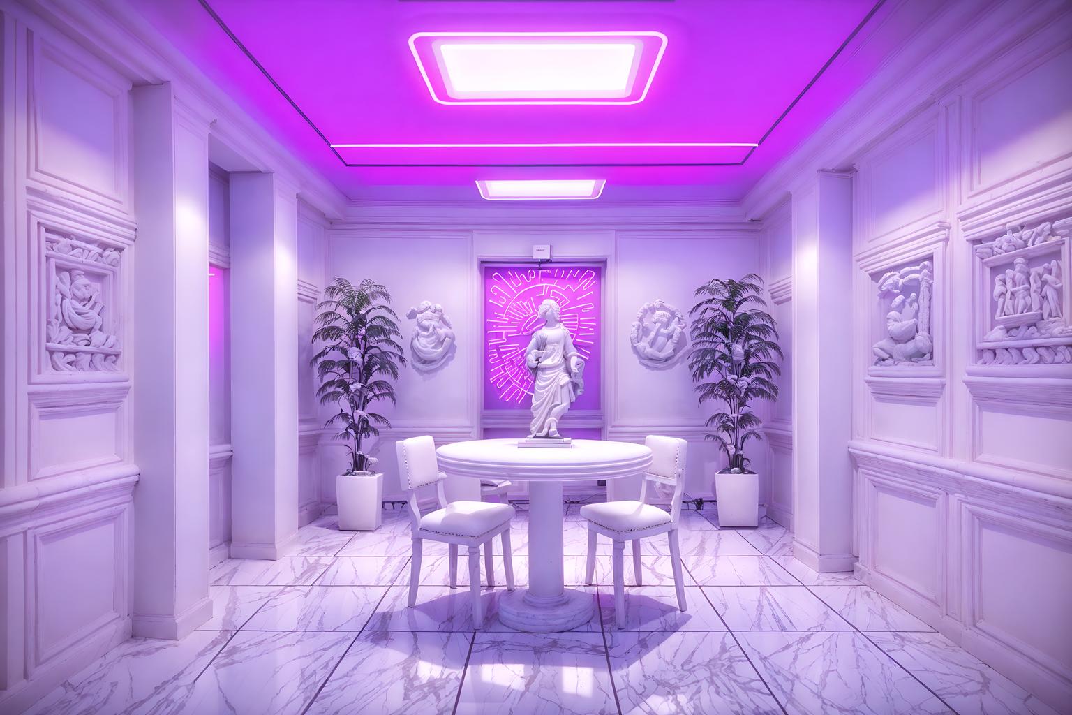 vaporwave-style (coffee shop interior) . with white roman statues, white roman sculptures, white roman columns, white roman pillars in the center of the room, and palm trees and palm trees and purple lights and neon glow and japanese letters on wall and purple lights and white square bathroom tiles. . cinematic photo, highly detailed, cinematic lighting, ultra-detailed, ultrarealistic, photorealism, 8k. vaporwave interior design style. masterpiece, cinematic light, ultrarealistic+, photorealistic+, 8k, raw photo, realistic, sharp focus on eyes, (symmetrical eyes), (intact eyes), hyperrealistic, highest quality, best quality, , highly detailed, masterpiece, best quality, extremely detailed 8k wallpaper, masterpiece, best quality, ultra-detailed, best shadow, detailed background, detailed face, detailed eyes, high contrast, best illumination, detailed face, dulux, caustic, dynamic angle, detailed glow. dramatic lighting. highly detailed, insanely detailed hair, symmetrical, intricate details, professionally retouched, 8k high definition. strong bokeh. award winning photo.