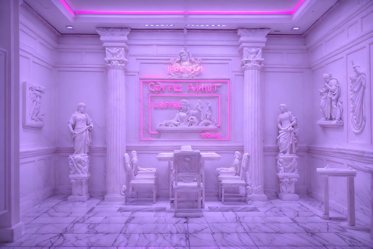 vaporwave-style (coffee shop interior) . with white roman statues, white roman sculptures, white roman columns, white roman pillars in the center of the room, and palm trees and palm trees and purple lights and neon glow and japanese letters on wall and purple lights and white square bathroom tiles. . cinematic photo, highly detailed, cinematic lighting, ultra-detailed, ultrarealistic, photorealism, 8k. vaporwave interior design style. masterpiece, cinematic light, ultrarealistic+, photorealistic+, 8k, raw photo, realistic, sharp focus on eyes, (symmetrical eyes), (intact eyes), hyperrealistic, highest quality, best quality, , highly detailed, masterpiece, best quality, extremely detailed 8k wallpaper, masterpiece, best quality, ultra-detailed, best shadow, detailed background, detailed face, detailed eyes, high contrast, best illumination, detailed face, dulux, caustic, dynamic angle, detailed glow. dramatic lighting. highly detailed, insanely detailed hair, symmetrical, intricate details, professionally retouched, 8k high definition. strong bokeh. award winning photo.