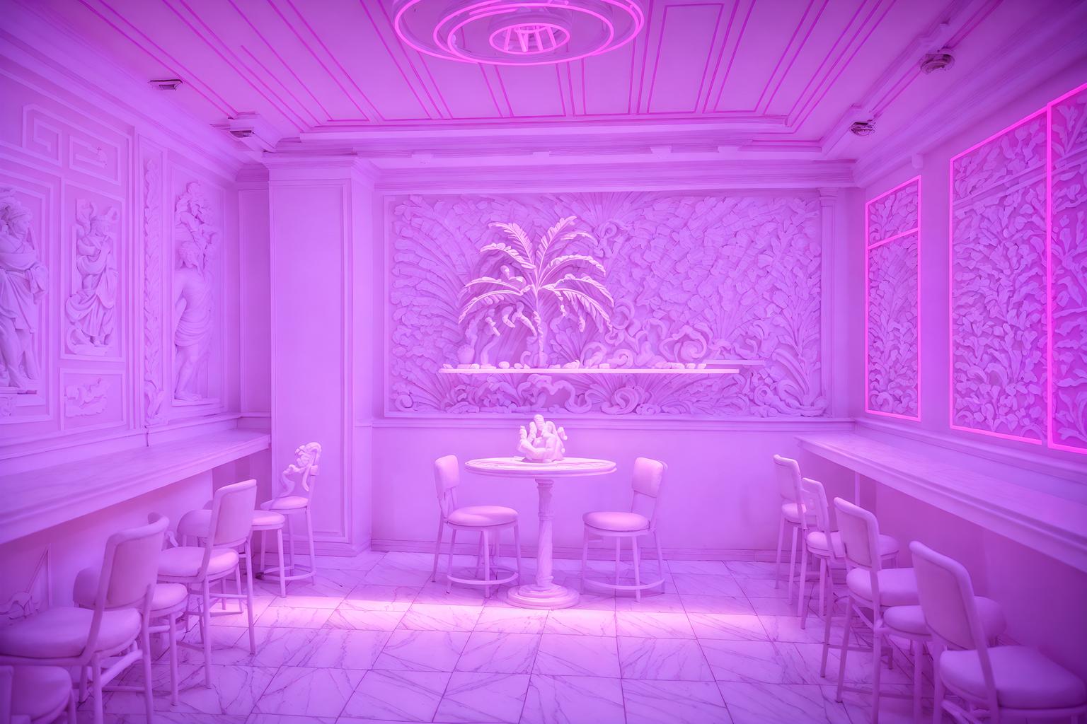 vaporwave-style (coffee shop interior) . with white roman statues, white roman sculptures, white roman columns, white roman pillars in the center of the room, and palm trees and palm trees and purple lights and neon glow and japanese letters on wall and purple lights and white square bathroom tiles. . cinematic photo, highly detailed, cinematic lighting, ultra-detailed, ultrarealistic, photorealism, 8k. vaporwave interior design style. masterpiece, cinematic light, ultrarealistic+, photorealistic+, 8k, raw photo, realistic, sharp focus on eyes, (symmetrical eyes), (intact eyes), hyperrealistic, highest quality, best quality, , highly detailed, masterpiece, best quality, extremely detailed 8k wallpaper, masterpiece, best quality, ultra-detailed, best shadow, detailed background, detailed face, detailed eyes, high contrast, best illumination, detailed face, dulux, caustic, dynamic angle, detailed glow. dramatic lighting. highly detailed, insanely detailed hair, symmetrical, intricate details, professionally retouched, 8k high definition. strong bokeh. award winning photo.