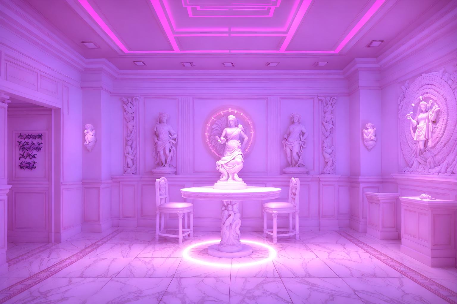 vaporwave-style (coffee shop interior) . with white roman statues, white roman sculptures, white roman columns, white roman pillars in the center of the room, and palm trees and palm trees and purple lights and neon glow and japanese letters on wall and purple lights and white square bathroom tiles. . cinematic photo, highly detailed, cinematic lighting, ultra-detailed, ultrarealistic, photorealism, 8k. vaporwave interior design style. masterpiece, cinematic light, ultrarealistic+, photorealistic+, 8k, raw photo, realistic, sharp focus on eyes, (symmetrical eyes), (intact eyes), hyperrealistic, highest quality, best quality, , highly detailed, masterpiece, best quality, extremely detailed 8k wallpaper, masterpiece, best quality, ultra-detailed, best shadow, detailed background, detailed face, detailed eyes, high contrast, best illumination, detailed face, dulux, caustic, dynamic angle, detailed glow. dramatic lighting. highly detailed, insanely detailed hair, symmetrical, intricate details, professionally retouched, 8k high definition. strong bokeh. award winning photo.