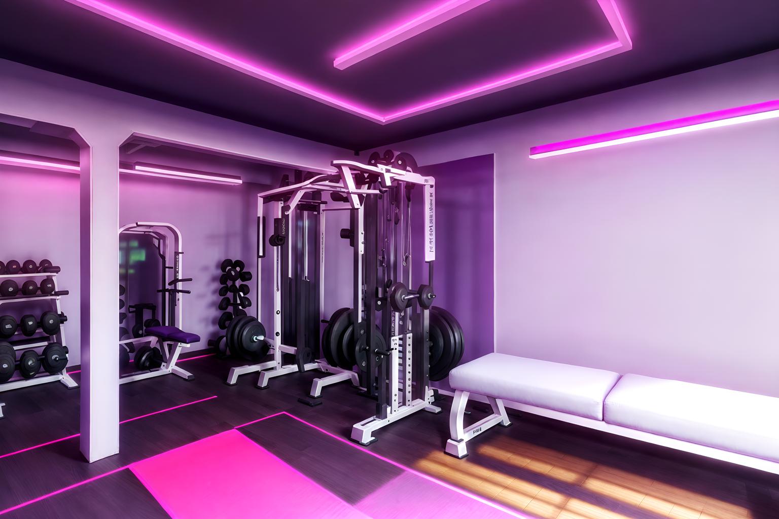 vaporwave-style (fitness gym interior) with dumbbell stand and exercise bicycle and bench press and squat rack and crosstrainer and dumbbell stand. . with purple lights and japanese letters on wall and hanging plants and white square bathroom tiles and neon glow and washed out colors and purple lights and neon glow. . cinematic photo, highly detailed, cinematic lighting, ultra-detailed, ultrarealistic, photorealism, 8k. vaporwave interior design style. masterpiece, cinematic light, ultrarealistic+, photorealistic+, 8k, raw photo, realistic, sharp focus on eyes, (symmetrical eyes), (intact eyes), hyperrealistic, highest quality, best quality, , highly detailed, masterpiece, best quality, extremely detailed 8k wallpaper, masterpiece, best quality, ultra-detailed, best shadow, detailed background, detailed face, detailed eyes, high contrast, best illumination, detailed face, dulux, caustic, dynamic angle, detailed glow. dramatic lighting. highly detailed, insanely detailed hair, symmetrical, intricate details, professionally retouched, 8k high definition. strong bokeh. award winning photo.