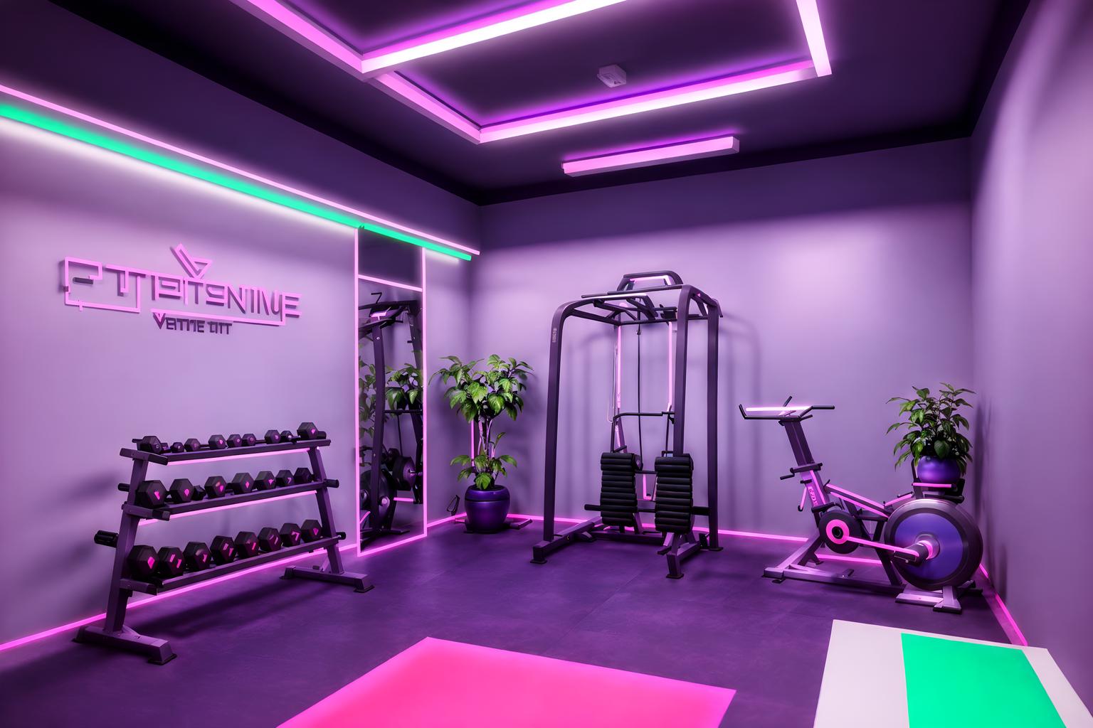 vaporwave-style (fitness gym interior) with dumbbell stand and exercise bicycle and bench press and squat rack and crosstrainer and dumbbell stand. . with purple lights and japanese letters on wall and hanging plants and white square bathroom tiles and neon glow and washed out colors and purple lights and neon glow. . cinematic photo, highly detailed, cinematic lighting, ultra-detailed, ultrarealistic, photorealism, 8k. vaporwave interior design style. masterpiece, cinematic light, ultrarealistic+, photorealistic+, 8k, raw photo, realistic, sharp focus on eyes, (symmetrical eyes), (intact eyes), hyperrealistic, highest quality, best quality, , highly detailed, masterpiece, best quality, extremely detailed 8k wallpaper, masterpiece, best quality, ultra-detailed, best shadow, detailed background, detailed face, detailed eyes, high contrast, best illumination, detailed face, dulux, caustic, dynamic angle, detailed glow. dramatic lighting. highly detailed, insanely detailed hair, symmetrical, intricate details, professionally retouched, 8k high definition. strong bokeh. award winning photo.