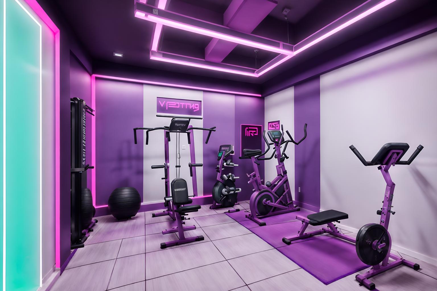 vaporwave-style (fitness gym interior) with dumbbell stand and exercise bicycle and bench press and squat rack and crosstrainer and dumbbell stand. . with purple lights and japanese letters on wall and hanging plants and white square bathroom tiles and neon glow and washed out colors and purple lights and neon glow. . cinematic photo, highly detailed, cinematic lighting, ultra-detailed, ultrarealistic, photorealism, 8k. vaporwave interior design style. masterpiece, cinematic light, ultrarealistic+, photorealistic+, 8k, raw photo, realistic, sharp focus on eyes, (symmetrical eyes), (intact eyes), hyperrealistic, highest quality, best quality, , highly detailed, masterpiece, best quality, extremely detailed 8k wallpaper, masterpiece, best quality, ultra-detailed, best shadow, detailed background, detailed face, detailed eyes, high contrast, best illumination, detailed face, dulux, caustic, dynamic angle, detailed glow. dramatic lighting. highly detailed, insanely detailed hair, symmetrical, intricate details, professionally retouched, 8k high definition. strong bokeh. award winning photo.