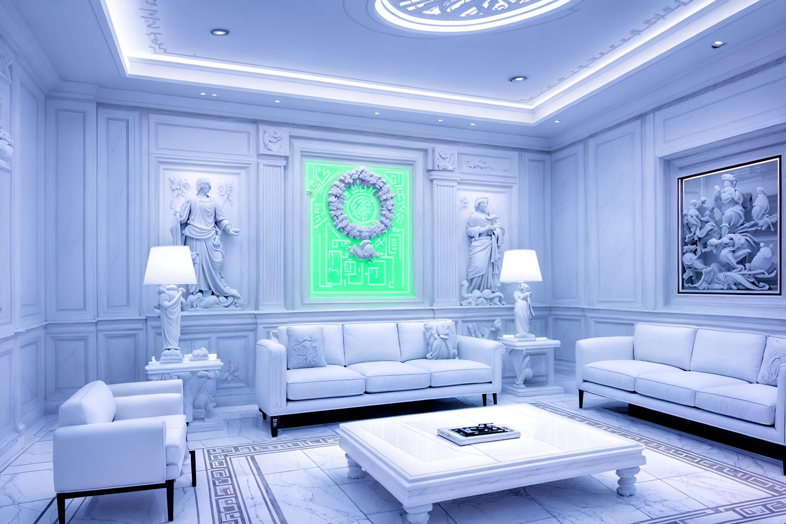 vaporwave-style (living room interior) with plant and electric lamps and bookshelves and televisions and coffee tables and sofa and furniture and chairs. . with neon glow and white square bathroom tiles and white square bathroom tiles and white roman statues, white roman sculptures, white roman columns, white roman pillars in the center of the room, and white roman statues, white roman sculptures, white roman columns, white roman pillars in the center of the room, and teal colors and palm trees and purple lights. . cinematic photo, highly detailed, cinematic lighting, ultra-detailed, ultrarealistic, photorealism, 8k. vaporwave interior design style. masterpiece, cinematic light, ultrarealistic+, photorealistic+, 8k, raw photo, realistic, sharp focus on eyes, (symmetrical eyes), (intact eyes), hyperrealistic, highest quality, best quality, , highly detailed, masterpiece, best quality, extremely detailed 8k wallpaper, masterpiece, best quality, ultra-detailed, best shadow, detailed background, detailed face, detailed eyes, high contrast, best illumination, detailed face, dulux, caustic, dynamic angle, detailed glow. dramatic lighting. highly detailed, insanely detailed hair, symmetrical, intricate details, professionally retouched, 8k high definition. strong bokeh. award winning photo.