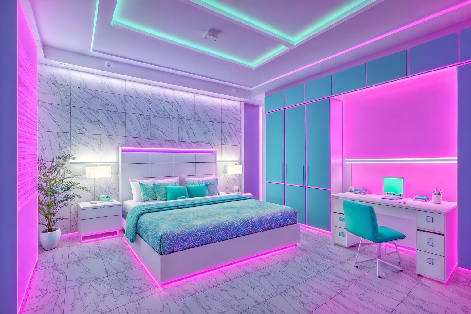 vaporwave-style (hotel room interior) with headboard and storage bench or ottoman and night light and bedside table or night stand and bed and dresser closet and mirror and working desk with desk chair. . with washed out colors and white square bathroom tiles and teal colors and purple lights and palm trees and white square bathroom tiles and neon glow and bright pink. . cinematic photo, highly detailed, cinematic lighting, ultra-detailed, ultrarealistic, photorealism, 8k. vaporwave interior design style. masterpiece, cinematic light, ultrarealistic+, photorealistic+, 8k, raw photo, realistic, sharp focus on eyes, (symmetrical eyes), (intact eyes), hyperrealistic, highest quality, best quality, , highly detailed, masterpiece, best quality, extremely detailed 8k wallpaper, masterpiece, best quality, ultra-detailed, best shadow, detailed background, detailed face, detailed eyes, high contrast, best illumination, detailed face, dulux, caustic, dynamic angle, detailed glow. dramatic lighting. highly detailed, insanely detailed hair, symmetrical, intricate details, professionally retouched, 8k high definition. strong bokeh. award winning photo.