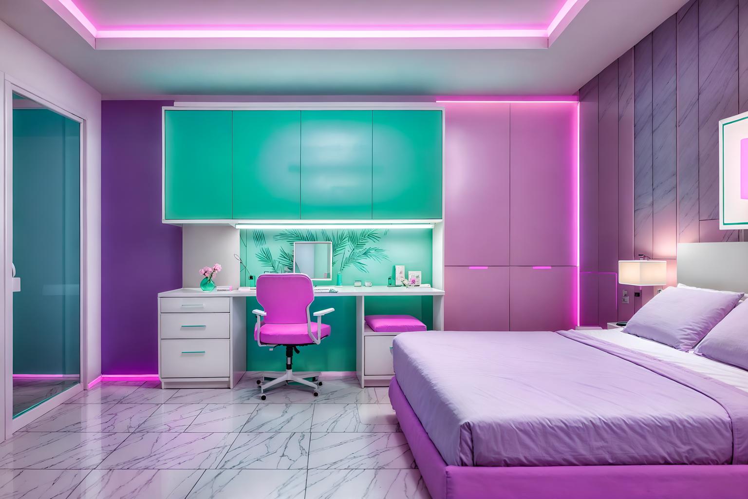 vaporwave-style (hotel room interior) with headboard and storage bench or ottoman and night light and bedside table or night stand and bed and dresser closet and mirror and working desk with desk chair. . with washed out colors and white square bathroom tiles and teal colors and purple lights and palm trees and white square bathroom tiles and neon glow and bright pink. . cinematic photo, highly detailed, cinematic lighting, ultra-detailed, ultrarealistic, photorealism, 8k. vaporwave interior design style. masterpiece, cinematic light, ultrarealistic+, photorealistic+, 8k, raw photo, realistic, sharp focus on eyes, (symmetrical eyes), (intact eyes), hyperrealistic, highest quality, best quality, , highly detailed, masterpiece, best quality, extremely detailed 8k wallpaper, masterpiece, best quality, ultra-detailed, best shadow, detailed background, detailed face, detailed eyes, high contrast, best illumination, detailed face, dulux, caustic, dynamic angle, detailed glow. dramatic lighting. highly detailed, insanely detailed hair, symmetrical, intricate details, professionally retouched, 8k high definition. strong bokeh. award winning photo.