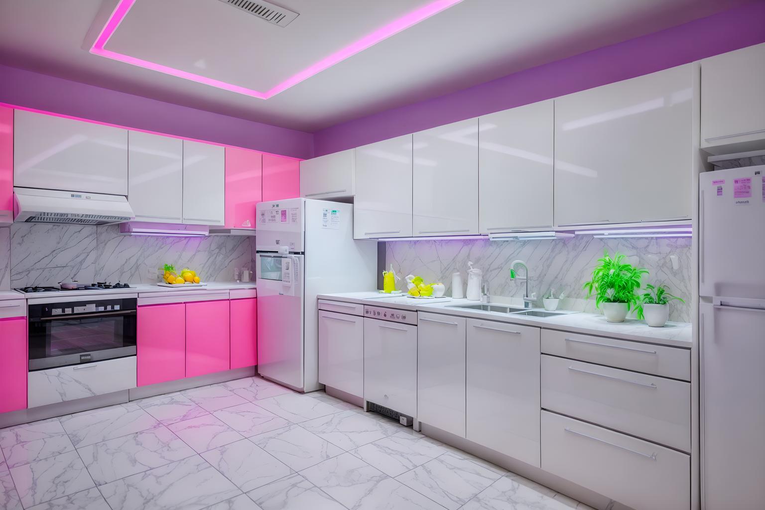 vaporwave-style (kitchen interior) with kitchen cabinets and plant and sink and refrigerator and stove and worktops and kitchen cabinets. . with neon glow and purple lights and bright pink and neon glow and white roman statues, white roman sculptures, white roman columns, white roman pillars in the center of the room, and washed out colors and white square bathroom tiles and palm trees. . cinematic photo, highly detailed, cinematic lighting, ultra-detailed, ultrarealistic, photorealism, 8k. vaporwave interior design style. masterpiece, cinematic light, ultrarealistic+, photorealistic+, 8k, raw photo, realistic, sharp focus on eyes, (symmetrical eyes), (intact eyes), hyperrealistic, highest quality, best quality, , highly detailed, masterpiece, best quality, extremely detailed 8k wallpaper, masterpiece, best quality, ultra-detailed, best shadow, detailed background, detailed face, detailed eyes, high contrast, best illumination, detailed face, dulux, caustic, dynamic angle, detailed glow. dramatic lighting. highly detailed, insanely detailed hair, symmetrical, intricate details, professionally retouched, 8k high definition. strong bokeh. award winning photo.