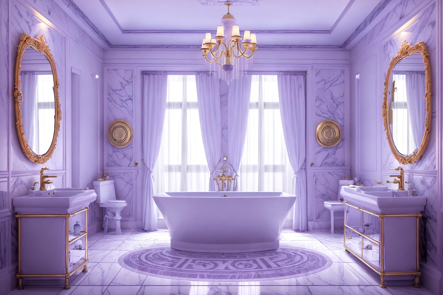 vaporwave-style (hotel bathroom interior) with bath rail and shower and mirror and toilet seat and bathroom cabinet and waste basket and bathtub and bathroom sink with faucet. . with purple lights and white roman statues, white roman sculptures, white roman columns, white roman pillars in the center of the room, and white square bathroom tiles and japanese letters on wall and white square bathroom tiles and purple lights and palm trees and neon glow. . cinematic photo, highly detailed, cinematic lighting, ultra-detailed, ultrarealistic, photorealism, 8k. vaporwave interior design style. masterpiece, cinematic light, ultrarealistic+, photorealistic+, 8k, raw photo, realistic, sharp focus on eyes, (symmetrical eyes), (intact eyes), hyperrealistic, highest quality, best quality, , highly detailed, masterpiece, best quality, extremely detailed 8k wallpaper, masterpiece, best quality, ultra-detailed, best shadow, detailed background, detailed face, detailed eyes, high contrast, best illumination, detailed face, dulux, caustic, dynamic angle, detailed glow. dramatic lighting. highly detailed, insanely detailed hair, symmetrical, intricate details, professionally retouched, 8k high definition. strong bokeh. award winning photo.