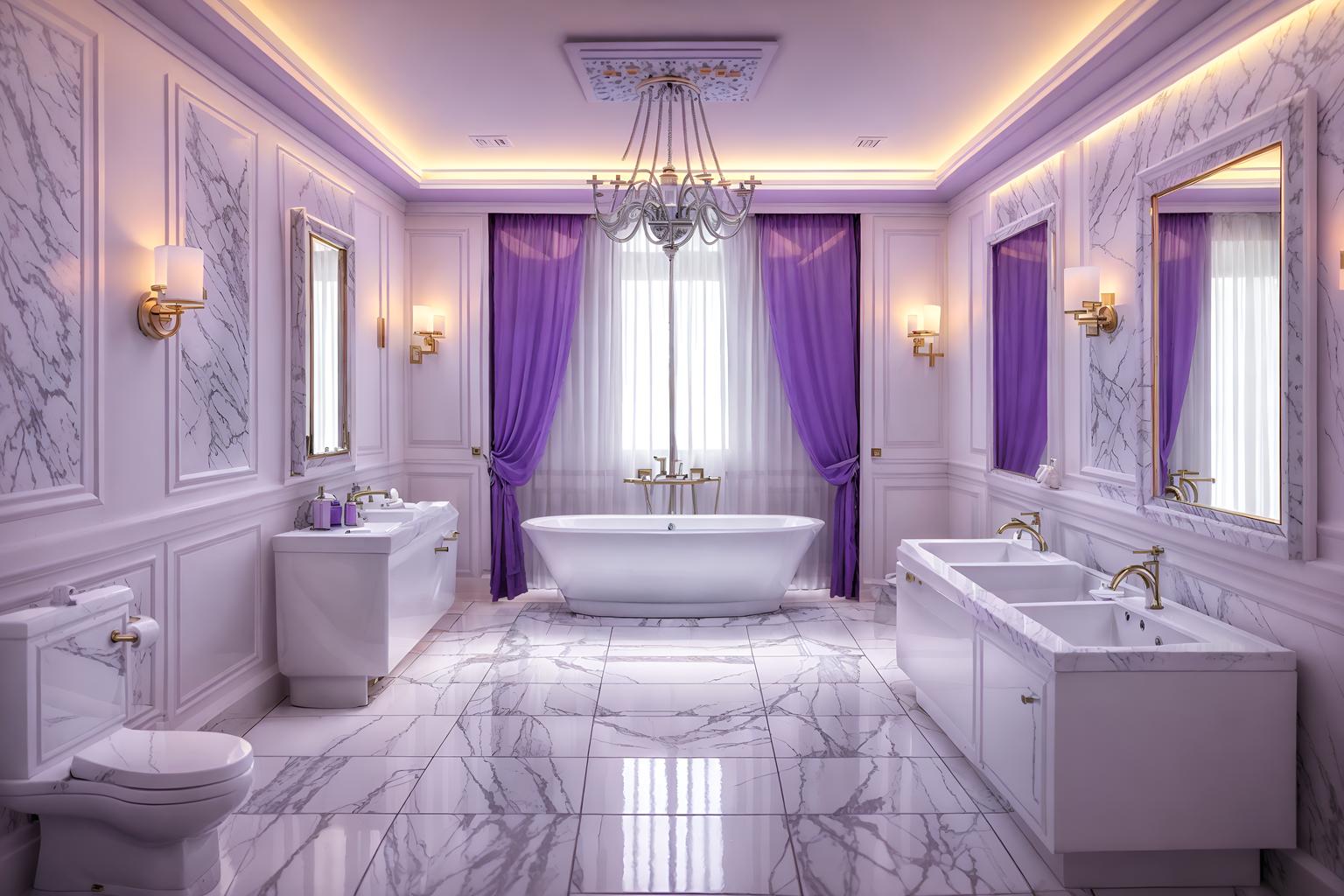 vaporwave-style (hotel bathroom interior) with bath rail and shower and mirror and toilet seat and bathroom cabinet and waste basket and bathtub and bathroom sink with faucet. . with purple lights and white roman statues, white roman sculptures, white roman columns, white roman pillars in the center of the room, and white square bathroom tiles and japanese letters on wall and white square bathroom tiles and purple lights and palm trees and neon glow. . cinematic photo, highly detailed, cinematic lighting, ultra-detailed, ultrarealistic, photorealism, 8k. vaporwave interior design style. masterpiece, cinematic light, ultrarealistic+, photorealistic+, 8k, raw photo, realistic, sharp focus on eyes, (symmetrical eyes), (intact eyes), hyperrealistic, highest quality, best quality, , highly detailed, masterpiece, best quality, extremely detailed 8k wallpaper, masterpiece, best quality, ultra-detailed, best shadow, detailed background, detailed face, detailed eyes, high contrast, best illumination, detailed face, dulux, caustic, dynamic angle, detailed glow. dramatic lighting. highly detailed, insanely detailed hair, symmetrical, intricate details, professionally retouched, 8k high definition. strong bokeh. award winning photo.