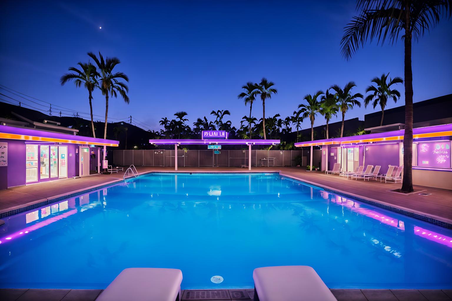 vaporwave-style designed (outdoor pool area ) with pool lights and pool and pool lounge chairs and pool lights. . with purple lights and purple lights and japanese letters on wall and 1980s retail shops and white square bathroom tiles and japanese letters on wall and baby blue and palm trees. . cinematic photo, highly detailed, cinematic lighting, ultra-detailed, ultrarealistic, photorealism, 8k. vaporwave design style. masterpiece, cinematic light, ultrarealistic+, photorealistic+, 8k, raw photo, realistic, sharp focus on eyes, (symmetrical eyes), (intact eyes), hyperrealistic, highest quality, best quality, , highly detailed, masterpiece, best quality, extremely detailed 8k wallpaper, masterpiece, best quality, ultra-detailed, best shadow, detailed background, detailed face, detailed eyes, high contrast, best illumination, detailed face, dulux, caustic, dynamic angle, detailed glow. dramatic lighting. highly detailed, insanely detailed hair, symmetrical, intricate details, professionally retouched, 8k high definition. strong bokeh. award winning photo.