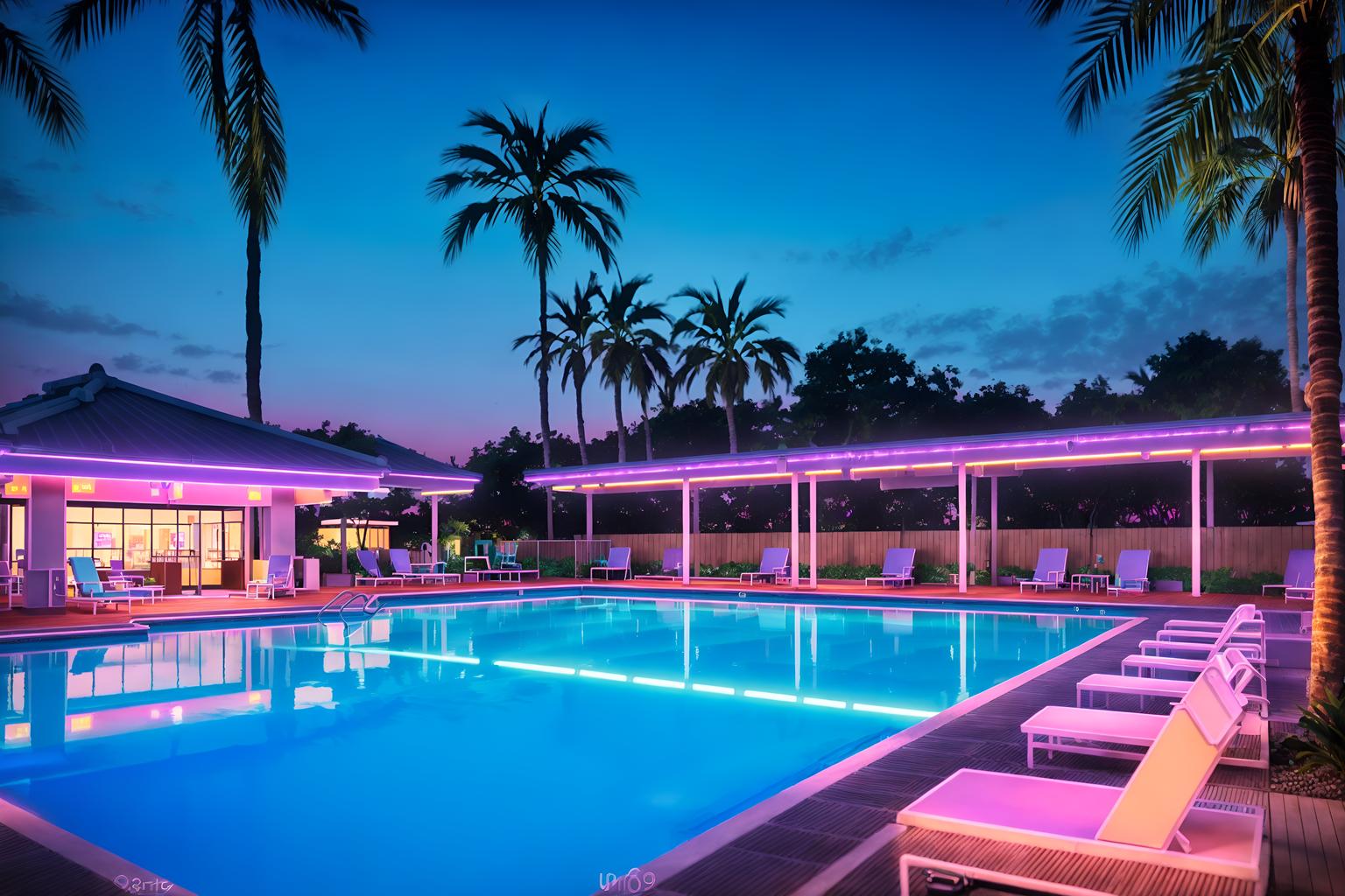 vaporwave-style designed (outdoor pool area ) with pool lights and pool and pool lounge chairs and pool lights. . with purple lights and purple lights and japanese letters on wall and 1980s retail shops and white square bathroom tiles and japanese letters on wall and baby blue and palm trees. . cinematic photo, highly detailed, cinematic lighting, ultra-detailed, ultrarealistic, photorealism, 8k. vaporwave design style. masterpiece, cinematic light, ultrarealistic+, photorealistic+, 8k, raw photo, realistic, sharp focus on eyes, (symmetrical eyes), (intact eyes), hyperrealistic, highest quality, best quality, , highly detailed, masterpiece, best quality, extremely detailed 8k wallpaper, masterpiece, best quality, ultra-detailed, best shadow, detailed background, detailed face, detailed eyes, high contrast, best illumination, detailed face, dulux, caustic, dynamic angle, detailed glow. dramatic lighting. highly detailed, insanely detailed hair, symmetrical, intricate details, professionally retouched, 8k high definition. strong bokeh. award winning photo.