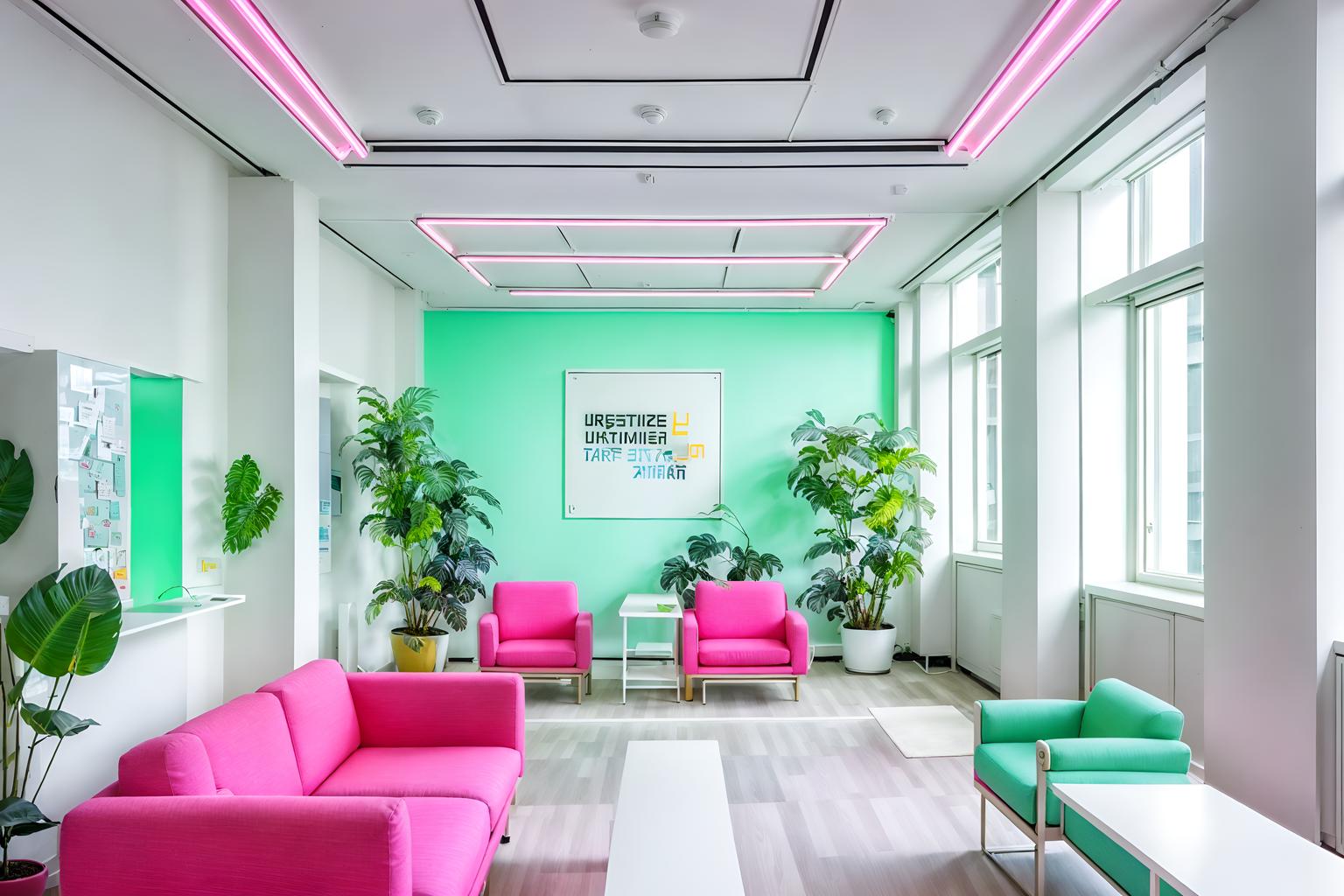 vaporwave-style (office interior) with plants and windows and lounge chairs and office chairs and cabinets and seating area with sofa and office desks and desk lamps. . with neon glow and bright pink and baby blue and japanese letters on wall and white roman statues, white roman sculptures, white roman columns, white roman pillars in the center of the room, and teal colors and white square bathroom tiles and white square bathroom tiles. . cinematic photo, highly detailed, cinematic lighting, ultra-detailed, ultrarealistic, photorealism, 8k. vaporwave interior design style. masterpiece, cinematic light, ultrarealistic+, photorealistic+, 8k, raw photo, realistic, sharp focus on eyes, (symmetrical eyes), (intact eyes), hyperrealistic, highest quality, best quality, , highly detailed, masterpiece, best quality, extremely detailed 8k wallpaper, masterpiece, best quality, ultra-detailed, best shadow, detailed background, detailed face, detailed eyes, high contrast, best illumination, detailed face, dulux, caustic, dynamic angle, detailed glow. dramatic lighting. highly detailed, insanely detailed hair, symmetrical, intricate details, professionally retouched, 8k high definition. strong bokeh. award winning photo.