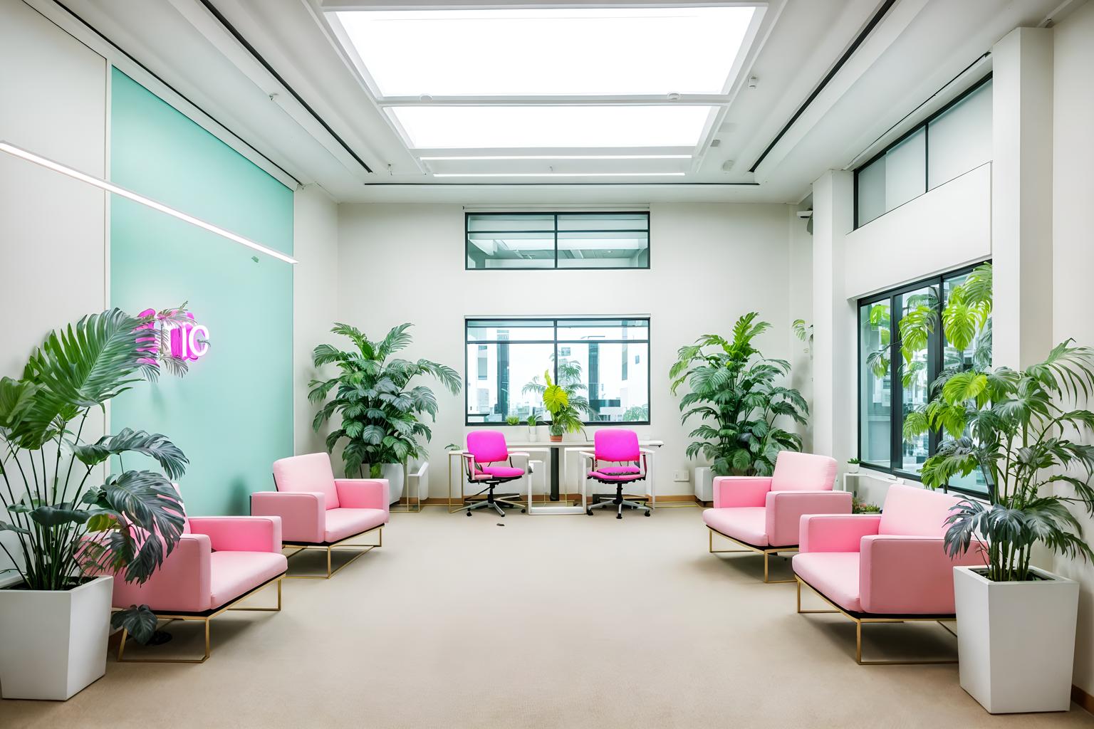 vaporwave-style (office interior) with plants and windows and lounge chairs and office chairs and cabinets and seating area with sofa and office desks and desk lamps. . with neon glow and bright pink and baby blue and japanese letters on wall and white roman statues, white roman sculptures, white roman columns, white roman pillars in the center of the room, and teal colors and white square bathroom tiles and white square bathroom tiles. . cinematic photo, highly detailed, cinematic lighting, ultra-detailed, ultrarealistic, photorealism, 8k. vaporwave interior design style. masterpiece, cinematic light, ultrarealistic+, photorealistic+, 8k, raw photo, realistic, sharp focus on eyes, (symmetrical eyes), (intact eyes), hyperrealistic, highest quality, best quality, , highly detailed, masterpiece, best quality, extremely detailed 8k wallpaper, masterpiece, best quality, ultra-detailed, best shadow, detailed background, detailed face, detailed eyes, high contrast, best illumination, detailed face, dulux, caustic, dynamic angle, detailed glow. dramatic lighting. highly detailed, insanely detailed hair, symmetrical, intricate details, professionally retouched, 8k high definition. strong bokeh. award winning photo.