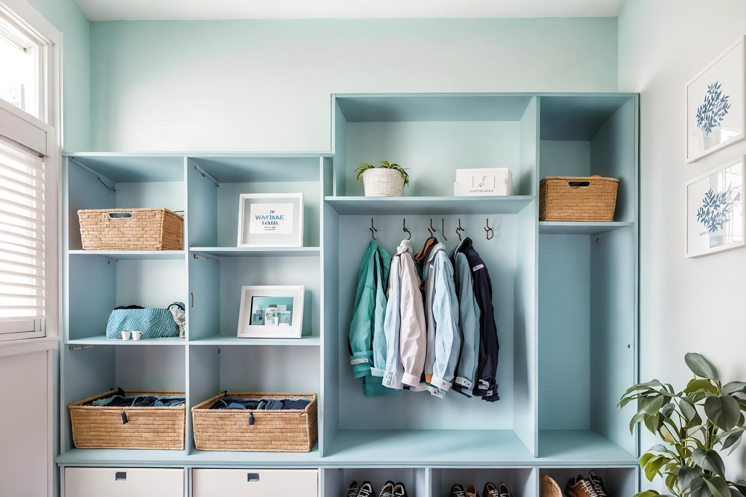 vaporwave-style (mudroom interior) with cubbies and high up storage and storage drawers and storage baskets and shelves for shoes and a bench and wall hooks for coats and cabinets. . with white square bathroom tiles and white square bathroom tiles and washed out colors and baby blue and japanese letters on wall and hanging plants and 1980s retail shops and white square bathroom tiles. . cinematic photo, highly detailed, cinematic lighting, ultra-detailed, ultrarealistic, photorealism, 8k. vaporwave interior design style. masterpiece, cinematic light, ultrarealistic+, photorealistic+, 8k, raw photo, realistic, sharp focus on eyes, (symmetrical eyes), (intact eyes), hyperrealistic, highest quality, best quality, , highly detailed, masterpiece, best quality, extremely detailed 8k wallpaper, masterpiece, best quality, ultra-detailed, best shadow, detailed background, detailed face, detailed eyes, high contrast, best illumination, detailed face, dulux, caustic, dynamic angle, detailed glow. dramatic lighting. highly detailed, insanely detailed hair, symmetrical, intricate details, professionally retouched, 8k high definition. strong bokeh. award winning photo.