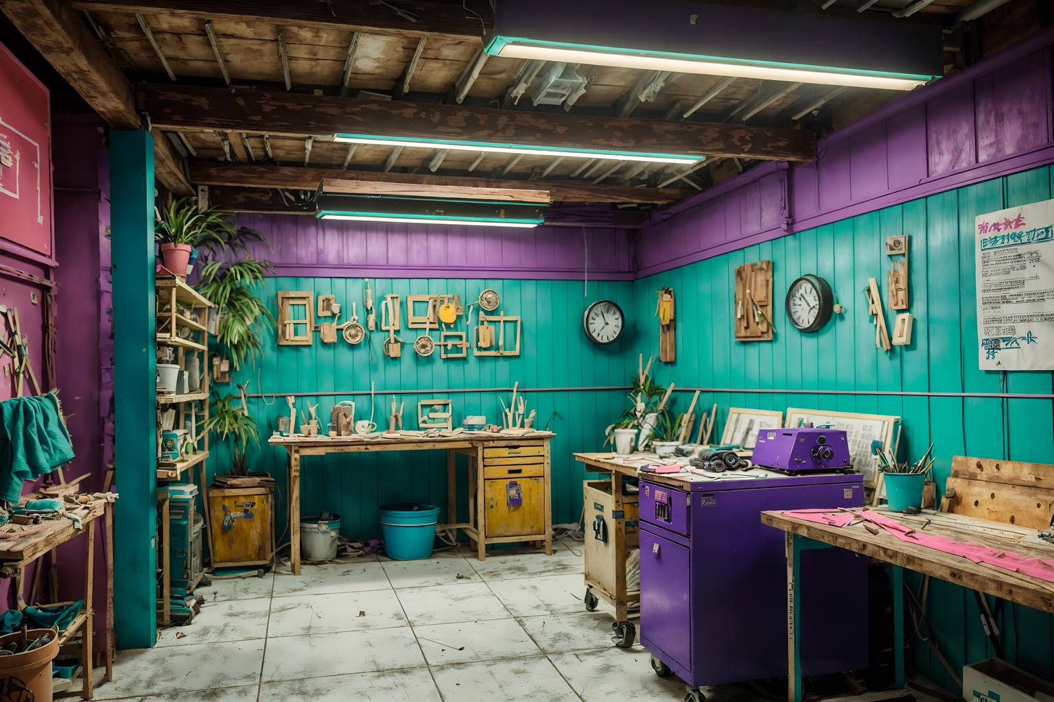 vaporwave-style (workshop interior) with messy and wooden workbench and tool wall and messy. . with teal colors and purple lights and white square bathroom tiles and hanging plants and palm trees and white square bathroom tiles and palm trees and bright pink. . cinematic photo, highly detailed, cinematic lighting, ultra-detailed, ultrarealistic, photorealism, 8k. vaporwave interior design style. masterpiece, cinematic light, ultrarealistic+, photorealistic+, 8k, raw photo, realistic, sharp focus on eyes, (symmetrical eyes), (intact eyes), hyperrealistic, highest quality, best quality, , highly detailed, masterpiece, best quality, extremely detailed 8k wallpaper, masterpiece, best quality, ultra-detailed, best shadow, detailed background, detailed face, detailed eyes, high contrast, best illumination, detailed face, dulux, caustic, dynamic angle, detailed glow. dramatic lighting. highly detailed, insanely detailed hair, symmetrical, intricate details, professionally retouched, 8k high definition. strong bokeh. award winning photo.