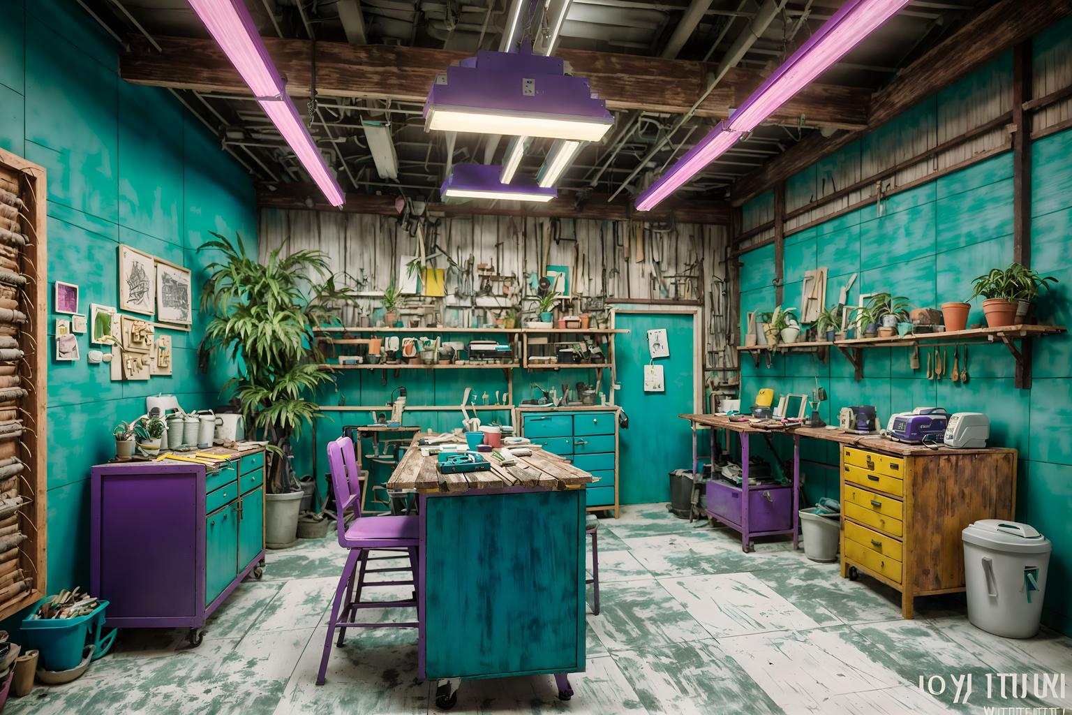 vaporwave-style (workshop interior) with messy and wooden workbench and tool wall and messy. . with teal colors and purple lights and white square bathroom tiles and hanging plants and palm trees and white square bathroom tiles and palm trees and bright pink. . cinematic photo, highly detailed, cinematic lighting, ultra-detailed, ultrarealistic, photorealism, 8k. vaporwave interior design style. masterpiece, cinematic light, ultrarealistic+, photorealistic+, 8k, raw photo, realistic, sharp focus on eyes, (symmetrical eyes), (intact eyes), hyperrealistic, highest quality, best quality, , highly detailed, masterpiece, best quality, extremely detailed 8k wallpaper, masterpiece, best quality, ultra-detailed, best shadow, detailed background, detailed face, detailed eyes, high contrast, best illumination, detailed face, dulux, caustic, dynamic angle, detailed glow. dramatic lighting. highly detailed, insanely detailed hair, symmetrical, intricate details, professionally retouched, 8k high definition. strong bokeh. award winning photo.