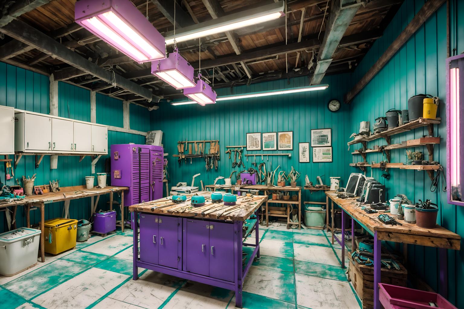 vaporwave-style (workshop interior) with messy and wooden workbench and tool wall and messy. . with teal colors and purple lights and white square bathroom tiles and hanging plants and palm trees and white square bathroom tiles and palm trees and bright pink. . cinematic photo, highly detailed, cinematic lighting, ultra-detailed, ultrarealistic, photorealism, 8k. vaporwave interior design style. masterpiece, cinematic light, ultrarealistic+, photorealistic+, 8k, raw photo, realistic, sharp focus on eyes, (symmetrical eyes), (intact eyes), hyperrealistic, highest quality, best quality, , highly detailed, masterpiece, best quality, extremely detailed 8k wallpaper, masterpiece, best quality, ultra-detailed, best shadow, detailed background, detailed face, detailed eyes, high contrast, best illumination, detailed face, dulux, caustic, dynamic angle, detailed glow. dramatic lighting. highly detailed, insanely detailed hair, symmetrical, intricate details, professionally retouched, 8k high definition. strong bokeh. award winning photo.