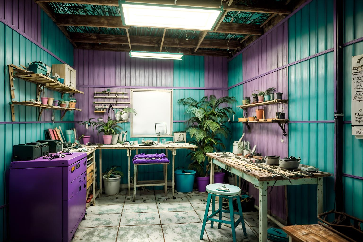 vaporwave-style (workshop interior) with messy and wooden workbench and tool wall and messy. . with teal colors and purple lights and white square bathroom tiles and hanging plants and palm trees and white square bathroom tiles and palm trees and bright pink. . cinematic photo, highly detailed, cinematic lighting, ultra-detailed, ultrarealistic, photorealism, 8k. vaporwave interior design style. masterpiece, cinematic light, ultrarealistic+, photorealistic+, 8k, raw photo, realistic, sharp focus on eyes, (symmetrical eyes), (intact eyes), hyperrealistic, highest quality, best quality, , highly detailed, masterpiece, best quality, extremely detailed 8k wallpaper, masterpiece, best quality, ultra-detailed, best shadow, detailed background, detailed face, detailed eyes, high contrast, best illumination, detailed face, dulux, caustic, dynamic angle, detailed glow. dramatic lighting. highly detailed, insanely detailed hair, symmetrical, intricate details, professionally retouched, 8k high definition. strong bokeh. award winning photo.