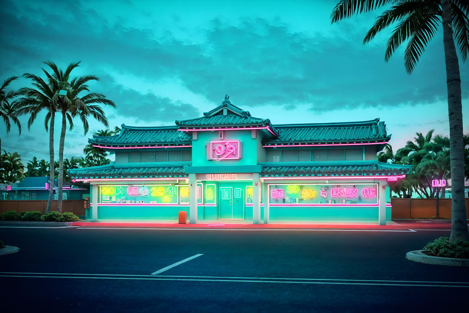 vaporwave-style exterior designed (house exterior exterior) . with neon glow and 1980s retail shops and baby blue and teal colors and white square bathroom tiles and palm trees and japanese letters on wall and japanese letters on wall. . cinematic photo, highly detailed, cinematic lighting, ultra-detailed, ultrarealistic, photorealism, 8k. vaporwave exterior design style. masterpiece, cinematic light, ultrarealistic+, photorealistic+, 8k, raw photo, realistic, sharp focus on eyes, (symmetrical eyes), (intact eyes), hyperrealistic, highest quality, best quality, , highly detailed, masterpiece, best quality, extremely detailed 8k wallpaper, masterpiece, best quality, ultra-detailed, best shadow, detailed background, detailed face, detailed eyes, high contrast, best illumination, detailed face, dulux, caustic, dynamic angle, detailed glow. dramatic lighting. highly detailed, insanely detailed hair, symmetrical, intricate details, professionally retouched, 8k high definition. strong bokeh. award winning photo.