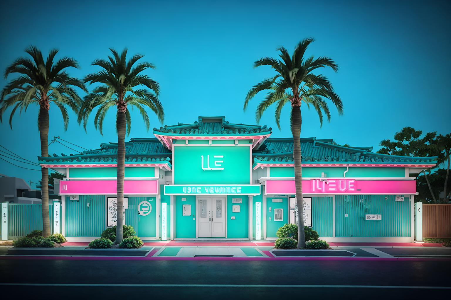 vaporwave-style exterior designed (house exterior exterior) . with neon glow and 1980s retail shops and baby blue and teal colors and white square bathroom tiles and palm trees and japanese letters on wall and japanese letters on wall. . cinematic photo, highly detailed, cinematic lighting, ultra-detailed, ultrarealistic, photorealism, 8k. vaporwave exterior design style. masterpiece, cinematic light, ultrarealistic+, photorealistic+, 8k, raw photo, realistic, sharp focus on eyes, (symmetrical eyes), (intact eyes), hyperrealistic, highest quality, best quality, , highly detailed, masterpiece, best quality, extremely detailed 8k wallpaper, masterpiece, best quality, ultra-detailed, best shadow, detailed background, detailed face, detailed eyes, high contrast, best illumination, detailed face, dulux, caustic, dynamic angle, detailed glow. dramatic lighting. highly detailed, insanely detailed hair, symmetrical, intricate details, professionally retouched, 8k high definition. strong bokeh. award winning photo.