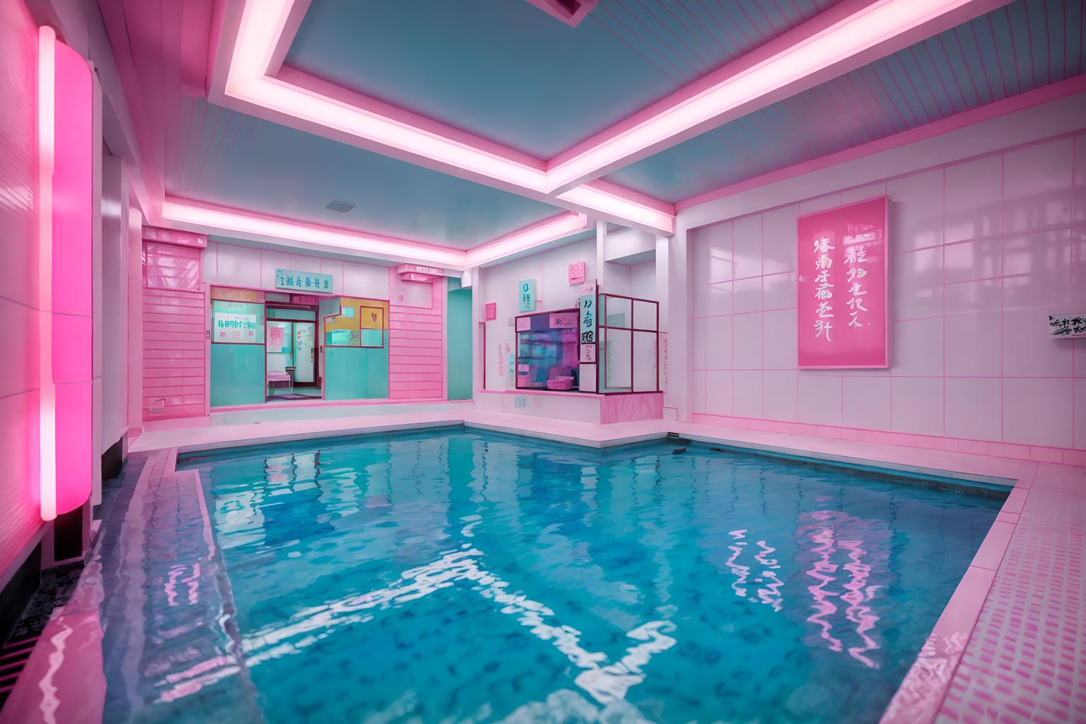 vaporwave-style (onsen interior) . with bright pink and japanese letters on wall and white square bathroom tiles and 1980s retail shops and palm trees and white square bathroom tiles and palm trees and baby blue. . cinematic photo, highly detailed, cinematic lighting, ultra-detailed, ultrarealistic, photorealism, 8k. vaporwave interior design style. masterpiece, cinematic light, ultrarealistic+, photorealistic+, 8k, raw photo, realistic, sharp focus on eyes, (symmetrical eyes), (intact eyes), hyperrealistic, highest quality, best quality, , highly detailed, masterpiece, best quality, extremely detailed 8k wallpaper, masterpiece, best quality, ultra-detailed, best shadow, detailed background, detailed face, detailed eyes, high contrast, best illumination, detailed face, dulux, caustic, dynamic angle, detailed glow. dramatic lighting. highly detailed, insanely detailed hair, symmetrical, intricate details, professionally retouched, 8k high definition. strong bokeh. award winning photo.