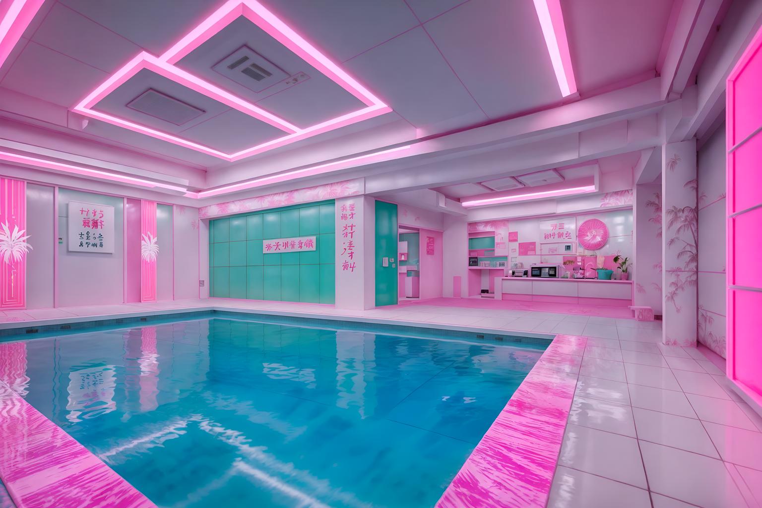 vaporwave-style (onsen interior) . with bright pink and japanese letters on wall and white square bathroom tiles and 1980s retail shops and palm trees and white square bathroom tiles and palm trees and baby blue. . cinematic photo, highly detailed, cinematic lighting, ultra-detailed, ultrarealistic, photorealism, 8k. vaporwave interior design style. masterpiece, cinematic light, ultrarealistic+, photorealistic+, 8k, raw photo, realistic, sharp focus on eyes, (symmetrical eyes), (intact eyes), hyperrealistic, highest quality, best quality, , highly detailed, masterpiece, best quality, extremely detailed 8k wallpaper, masterpiece, best quality, ultra-detailed, best shadow, detailed background, detailed face, detailed eyes, high contrast, best illumination, detailed face, dulux, caustic, dynamic angle, detailed glow. dramatic lighting. highly detailed, insanely detailed hair, symmetrical, intricate details, professionally retouched, 8k high definition. strong bokeh. award winning photo.