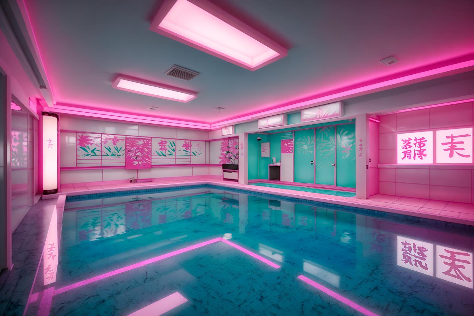 vaporwave-style (onsen interior) . with bright pink and japanese letters on wall and white square bathroom tiles and 1980s retail shops and palm trees and white square bathroom tiles and palm trees and baby blue. . cinematic photo, highly detailed, cinematic lighting, ultra-detailed, ultrarealistic, photorealism, 8k. vaporwave interior design style. masterpiece, cinematic light, ultrarealistic+, photorealistic+, 8k, raw photo, realistic, sharp focus on eyes, (symmetrical eyes), (intact eyes), hyperrealistic, highest quality, best quality, , highly detailed, masterpiece, best quality, extremely detailed 8k wallpaper, masterpiece, best quality, ultra-detailed, best shadow, detailed background, detailed face, detailed eyes, high contrast, best illumination, detailed face, dulux, caustic, dynamic angle, detailed glow. dramatic lighting. highly detailed, insanely detailed hair, symmetrical, intricate details, professionally retouched, 8k high definition. strong bokeh. award winning photo.