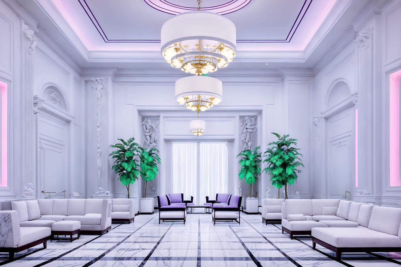 vaporwave-style (hotel lobby interior) with coffee tables and check in desk and sofas and hanging lamps and plant and lounge chairs and furniture and rug. . with white roman statues, white roman sculptures, white roman columns, white roman pillars in the center of the room, and white square bathroom tiles and purple lights and neon glow and washed out colors and japanese letters on wall and baby blue and 1980s retail shops. . cinematic photo, highly detailed, cinematic lighting, ultra-detailed, ultrarealistic, photorealism, 8k. vaporwave interior design style. masterpiece, cinematic light, ultrarealistic+, photorealistic+, 8k, raw photo, realistic, sharp focus on eyes, (symmetrical eyes), (intact eyes), hyperrealistic, highest quality, best quality, , highly detailed, masterpiece, best quality, extremely detailed 8k wallpaper, masterpiece, best quality, ultra-detailed, best shadow, detailed background, detailed face, detailed eyes, high contrast, best illumination, detailed face, dulux, caustic, dynamic angle, detailed glow. dramatic lighting. highly detailed, insanely detailed hair, symmetrical, intricate details, professionally retouched, 8k high definition. strong bokeh. award winning photo.