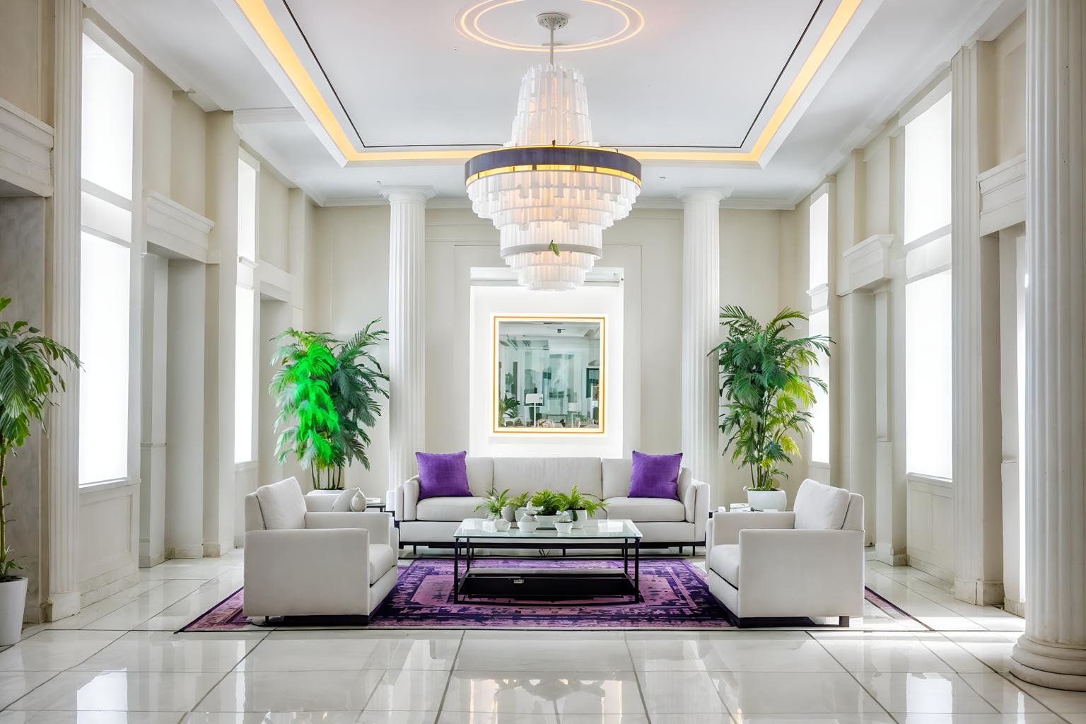 vaporwave-style (hotel lobby interior) with coffee tables and check in desk and sofas and hanging lamps and plant and lounge chairs and furniture and rug. . with white roman statues, white roman sculptures, white roman columns, white roman pillars in the center of the room, and white square bathroom tiles and purple lights and neon glow and washed out colors and japanese letters on wall and baby blue and 1980s retail shops. . cinematic photo, highly detailed, cinematic lighting, ultra-detailed, ultrarealistic, photorealism, 8k. vaporwave interior design style. masterpiece, cinematic light, ultrarealistic+, photorealistic+, 8k, raw photo, realistic, sharp focus on eyes, (symmetrical eyes), (intact eyes), hyperrealistic, highest quality, best quality, , highly detailed, masterpiece, best quality, extremely detailed 8k wallpaper, masterpiece, best quality, ultra-detailed, best shadow, detailed background, detailed face, detailed eyes, high contrast, best illumination, detailed face, dulux, caustic, dynamic angle, detailed glow. dramatic lighting. highly detailed, insanely detailed hair, symmetrical, intricate details, professionally retouched, 8k high definition. strong bokeh. award winning photo.