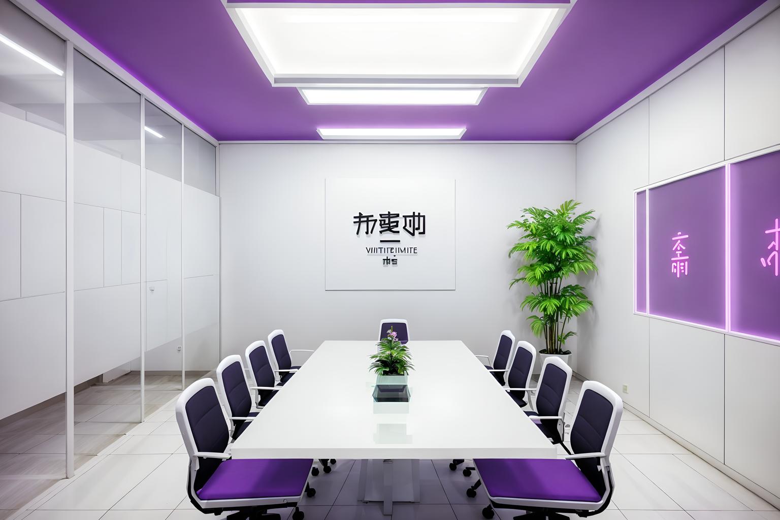 vaporwave-style (meeting room interior) with plant and painting or photo on wall and boardroom table and glass walls and office chairs and cabinets and vase and glass doors. . with purple lights and japanese letters on wall and neon glow and white square bathroom tiles and neon glow and japanese letters on wall and white roman statues, white roman sculptures, white roman columns, white roman pillars in the center of the room, and teal colors. . cinematic photo, highly detailed, cinematic lighting, ultra-detailed, ultrarealistic, photorealism, 8k. vaporwave interior design style. masterpiece, cinematic light, ultrarealistic+, photorealistic+, 8k, raw photo, realistic, sharp focus on eyes, (symmetrical eyes), (intact eyes), hyperrealistic, highest quality, best quality, , highly detailed, masterpiece, best quality, extremely detailed 8k wallpaper, masterpiece, best quality, ultra-detailed, best shadow, detailed background, detailed face, detailed eyes, high contrast, best illumination, detailed face, dulux, caustic, dynamic angle, detailed glow. dramatic lighting. highly detailed, insanely detailed hair, symmetrical, intricate details, professionally retouched, 8k high definition. strong bokeh. award winning photo.