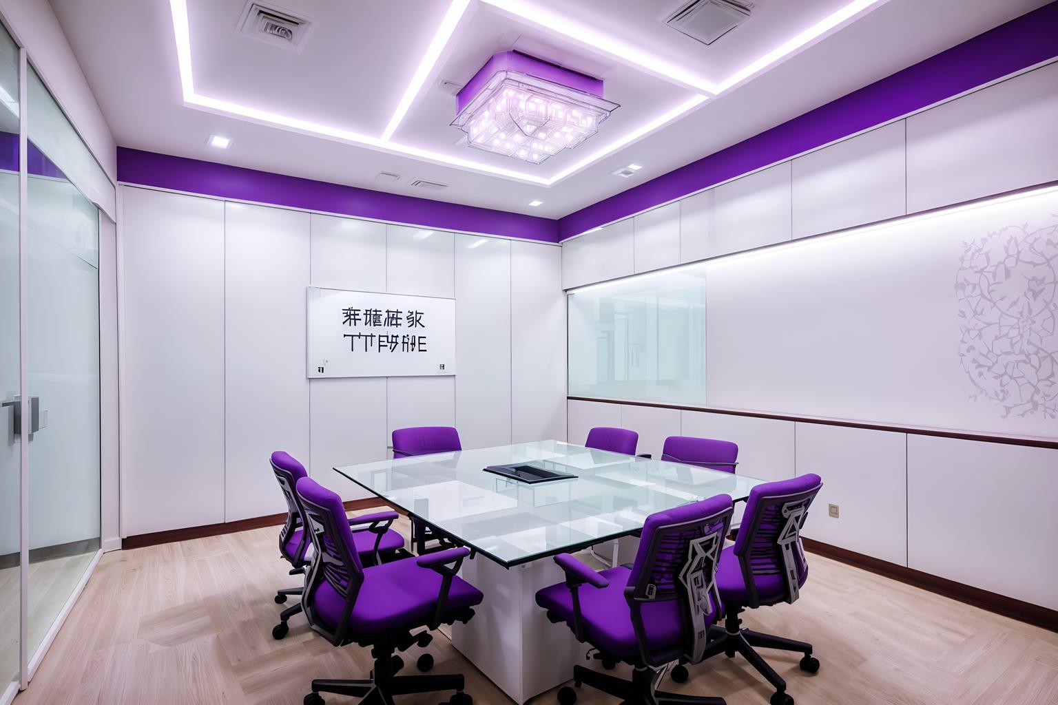 vaporwave-style (meeting room interior) with plant and painting or photo on wall and boardroom table and glass walls and office chairs and cabinets and vase and glass doors. . with purple lights and japanese letters on wall and neon glow and white square bathroom tiles and neon glow and japanese letters on wall and white roman statues, white roman sculptures, white roman columns, white roman pillars in the center of the room, and teal colors. . cinematic photo, highly detailed, cinematic lighting, ultra-detailed, ultrarealistic, photorealism, 8k. vaporwave interior design style. masterpiece, cinematic light, ultrarealistic+, photorealistic+, 8k, raw photo, realistic, sharp focus on eyes, (symmetrical eyes), (intact eyes), hyperrealistic, highest quality, best quality, , highly detailed, masterpiece, best quality, extremely detailed 8k wallpaper, masterpiece, best quality, ultra-detailed, best shadow, detailed background, detailed face, detailed eyes, high contrast, best illumination, detailed face, dulux, caustic, dynamic angle, detailed glow. dramatic lighting. highly detailed, insanely detailed hair, symmetrical, intricate details, professionally retouched, 8k high definition. strong bokeh. award winning photo.