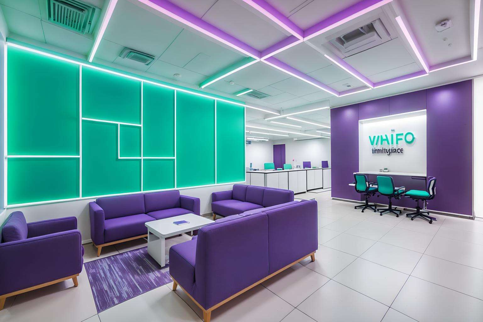 vaporwave-style (coworking space interior) with office desks and seating area with sofa and office chairs and lounge chairs and office desks. . with teal colors and japanese letters on wall and neon glow and white square bathroom tiles and white square bathroom tiles and purple lights and white square bathroom tiles and purple lights. . cinematic photo, highly detailed, cinematic lighting, ultra-detailed, ultrarealistic, photorealism, 8k. vaporwave interior design style. masterpiece, cinematic light, ultrarealistic+, photorealistic+, 8k, raw photo, realistic, sharp focus on eyes, (symmetrical eyes), (intact eyes), hyperrealistic, highest quality, best quality, , highly detailed, masterpiece, best quality, extremely detailed 8k wallpaper, masterpiece, best quality, ultra-detailed, best shadow, detailed background, detailed face, detailed eyes, high contrast, best illumination, detailed face, dulux, caustic, dynamic angle, detailed glow. dramatic lighting. highly detailed, insanely detailed hair, symmetrical, intricate details, professionally retouched, 8k high definition. strong bokeh. award winning photo.