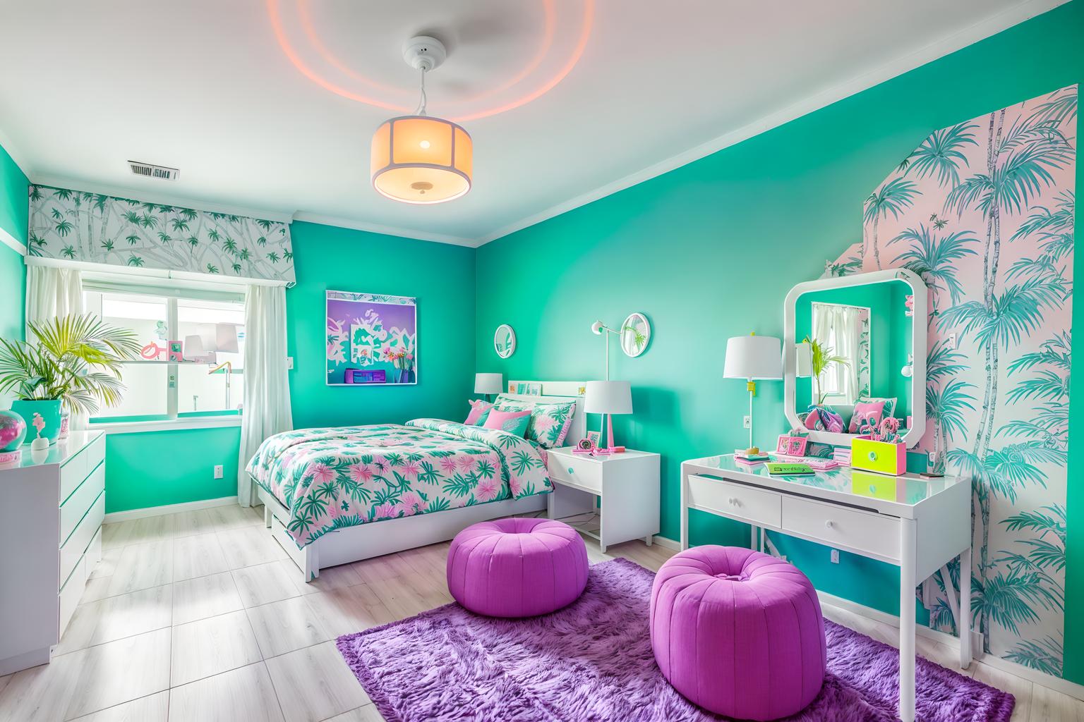 vaporwave-style (kids room interior) with storage bench or ottoman and bed and mirror and night light and dresser closet and accent chair and kids desk and bedside table or night stand. . with japanese letters on wall and white square bathroom tiles and palm trees and teal colors and palm trees and neon glow and white square bathroom tiles and purple lights. . cinematic photo, highly detailed, cinematic lighting, ultra-detailed, ultrarealistic, photorealism, 8k. vaporwave interior design style. masterpiece, cinematic light, ultrarealistic+, photorealistic+, 8k, raw photo, realistic, sharp focus on eyes, (symmetrical eyes), (intact eyes), hyperrealistic, highest quality, best quality, , highly detailed, masterpiece, best quality, extremely detailed 8k wallpaper, masterpiece, best quality, ultra-detailed, best shadow, detailed background, detailed face, detailed eyes, high contrast, best illumination, detailed face, dulux, caustic, dynamic angle, detailed glow. dramatic lighting. highly detailed, insanely detailed hair, symmetrical, intricate details, professionally retouched, 8k high definition. strong bokeh. award winning photo.