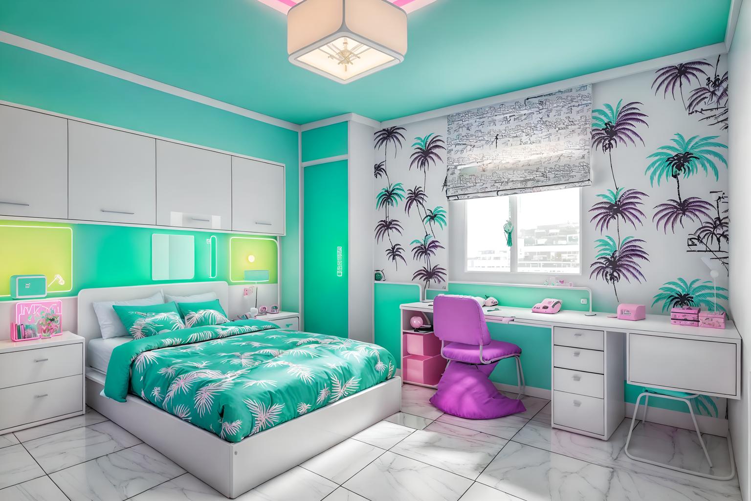 vaporwave-style (kids room interior) with storage bench or ottoman and bed and mirror and night light and dresser closet and accent chair and kids desk and bedside table or night stand. . with japanese letters on wall and white square bathroom tiles and palm trees and teal colors and palm trees and neon glow and white square bathroom tiles and purple lights. . cinematic photo, highly detailed, cinematic lighting, ultra-detailed, ultrarealistic, photorealism, 8k. vaporwave interior design style. masterpiece, cinematic light, ultrarealistic+, photorealistic+, 8k, raw photo, realistic, sharp focus on eyes, (symmetrical eyes), (intact eyes), hyperrealistic, highest quality, best quality, , highly detailed, masterpiece, best quality, extremely detailed 8k wallpaper, masterpiece, best quality, ultra-detailed, best shadow, detailed background, detailed face, detailed eyes, high contrast, best illumination, detailed face, dulux, caustic, dynamic angle, detailed glow. dramatic lighting. highly detailed, insanely detailed hair, symmetrical, intricate details, professionally retouched, 8k high definition. strong bokeh. award winning photo.