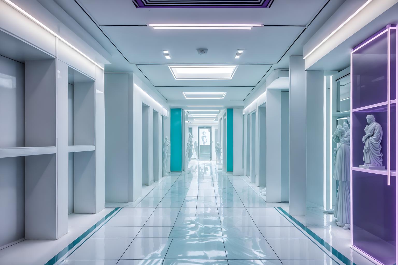 vaporwave-style (walk in closet interior) . with purple lights and palm trees and 1980s retail shops and white square bathroom tiles and japanese letters on wall and white square bathroom tiles and teal colors and white roman statues, white roman sculptures, white roman columns, white roman pillars in the center of the room,. . cinematic photo, highly detailed, cinematic lighting, ultra-detailed, ultrarealistic, photorealism, 8k. vaporwave interior design style. masterpiece, cinematic light, ultrarealistic+, photorealistic+, 8k, raw photo, realistic, sharp focus on eyes, (symmetrical eyes), (intact eyes), hyperrealistic, highest quality, best quality, , highly detailed, masterpiece, best quality, extremely detailed 8k wallpaper, masterpiece, best quality, ultra-detailed, best shadow, detailed background, detailed face, detailed eyes, high contrast, best illumination, detailed face, dulux, caustic, dynamic angle, detailed glow. dramatic lighting. highly detailed, insanely detailed hair, symmetrical, intricate details, professionally retouched, 8k high definition. strong bokeh. award winning photo.