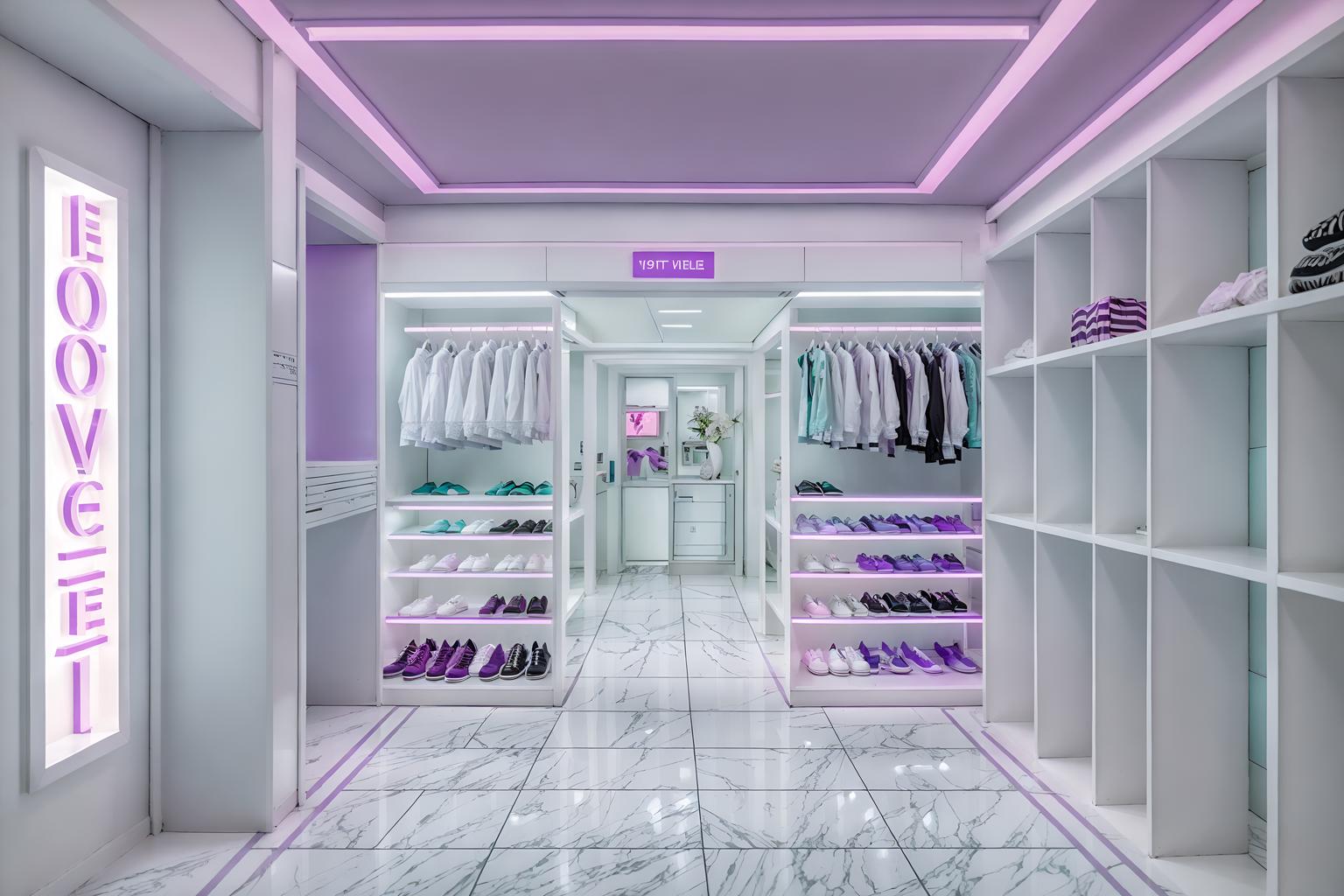 vaporwave-style (walk in closet interior) . with purple lights and palm trees and 1980s retail shops and white square bathroom tiles and japanese letters on wall and white square bathroom tiles and teal colors and white roman statues, white roman sculptures, white roman columns, white roman pillars in the center of the room,. . cinematic photo, highly detailed, cinematic lighting, ultra-detailed, ultrarealistic, photorealism, 8k. vaporwave interior design style. masterpiece, cinematic light, ultrarealistic+, photorealistic+, 8k, raw photo, realistic, sharp focus on eyes, (symmetrical eyes), (intact eyes), hyperrealistic, highest quality, best quality, , highly detailed, masterpiece, best quality, extremely detailed 8k wallpaper, masterpiece, best quality, ultra-detailed, best shadow, detailed background, detailed face, detailed eyes, high contrast, best illumination, detailed face, dulux, caustic, dynamic angle, detailed glow. dramatic lighting. highly detailed, insanely detailed hair, symmetrical, intricate details, professionally retouched, 8k high definition. strong bokeh. award winning photo.