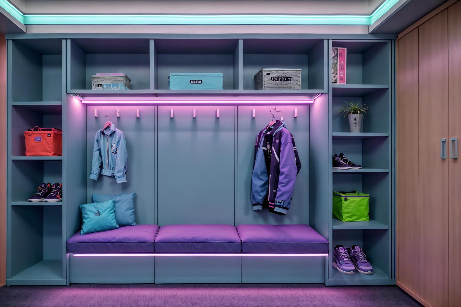 vaporwave-style (drop zone interior) with cabinets and storage baskets and shelves for shoes and high up storage and lockers and a bench and wall hooks for coats and cubbies. . with purple lights and neon glow and baby blue and palm trees and 1980s retail shops and purple lights and japanese letters on wall and japanese letters on wall. . cinematic photo, highly detailed, cinematic lighting, ultra-detailed, ultrarealistic, photorealism, 8k. vaporwave interior design style. masterpiece, cinematic light, ultrarealistic+, photorealistic+, 8k, raw photo, realistic, sharp focus on eyes, (symmetrical eyes), (intact eyes), hyperrealistic, highest quality, best quality, , highly detailed, masterpiece, best quality, extremely detailed 8k wallpaper, masterpiece, best quality, ultra-detailed, best shadow, detailed background, detailed face, detailed eyes, high contrast, best illumination, detailed face, dulux, caustic, dynamic angle, detailed glow. dramatic lighting. highly detailed, insanely detailed hair, symmetrical, intricate details, professionally retouched, 8k high definition. strong bokeh. award winning photo.