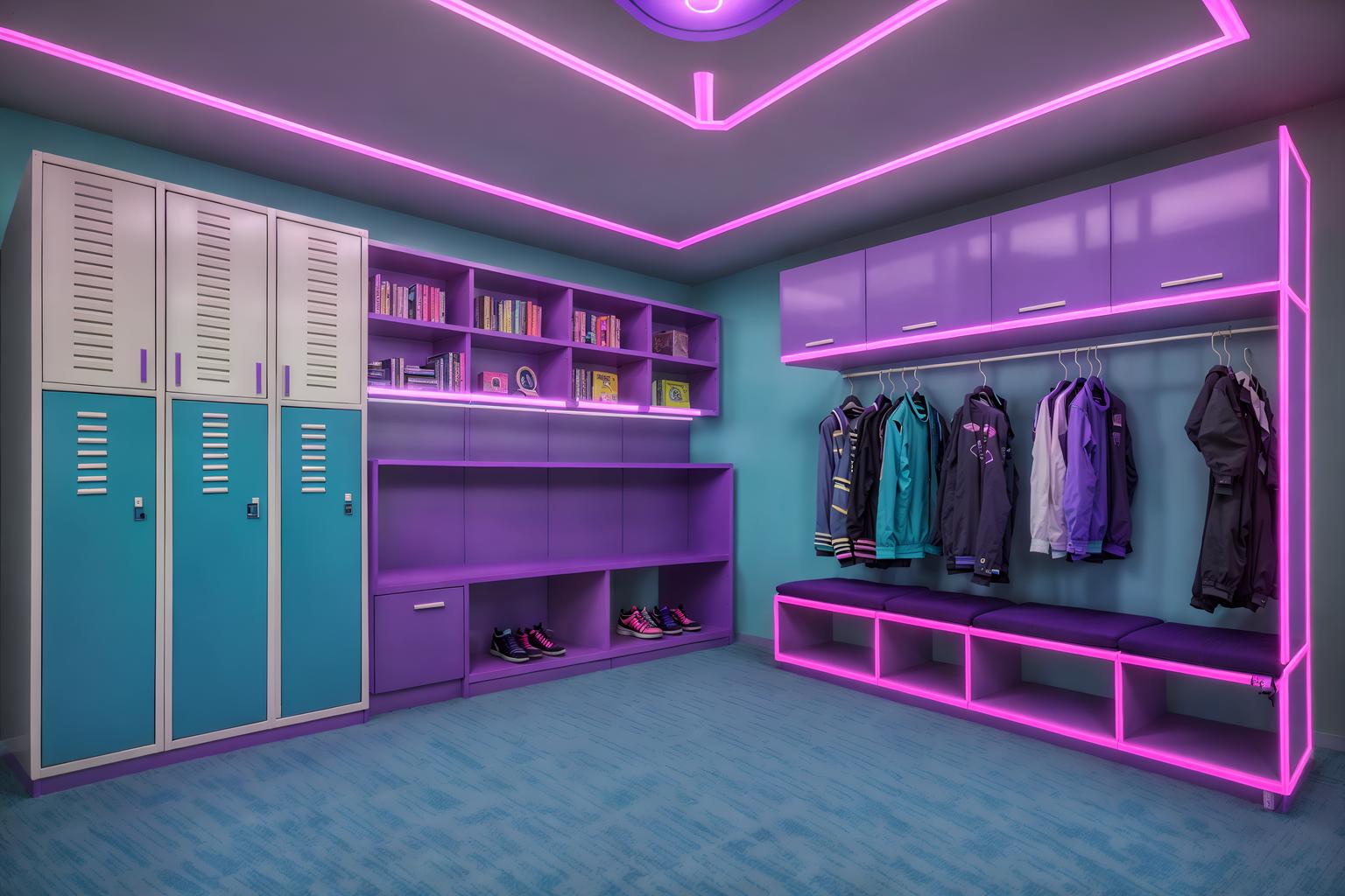 vaporwave-style (drop zone interior) with cabinets and storage baskets and shelves for shoes and high up storage and lockers and a bench and wall hooks for coats and cubbies. . with purple lights and neon glow and baby blue and palm trees and 1980s retail shops and purple lights and japanese letters on wall and japanese letters on wall. . cinematic photo, highly detailed, cinematic lighting, ultra-detailed, ultrarealistic, photorealism, 8k. vaporwave interior design style. masterpiece, cinematic light, ultrarealistic+, photorealistic+, 8k, raw photo, realistic, sharp focus on eyes, (symmetrical eyes), (intact eyes), hyperrealistic, highest quality, best quality, , highly detailed, masterpiece, best quality, extremely detailed 8k wallpaper, masterpiece, best quality, ultra-detailed, best shadow, detailed background, detailed face, detailed eyes, high contrast, best illumination, detailed face, dulux, caustic, dynamic angle, detailed glow. dramatic lighting. highly detailed, insanely detailed hair, symmetrical, intricate details, professionally retouched, 8k high definition. strong bokeh. award winning photo.