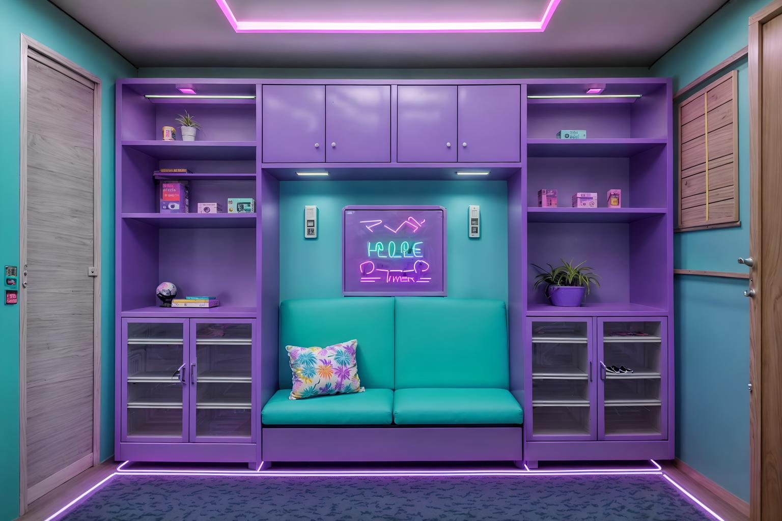vaporwave-style (drop zone interior) with cabinets and storage baskets and shelves for shoes and high up storage and lockers and a bench and wall hooks for coats and cubbies. . with purple lights and neon glow and baby blue and palm trees and 1980s retail shops and purple lights and japanese letters on wall and japanese letters on wall. . cinematic photo, highly detailed, cinematic lighting, ultra-detailed, ultrarealistic, photorealism, 8k. vaporwave interior design style. masterpiece, cinematic light, ultrarealistic+, photorealistic+, 8k, raw photo, realistic, sharp focus on eyes, (symmetrical eyes), (intact eyes), hyperrealistic, highest quality, best quality, , highly detailed, masterpiece, best quality, extremely detailed 8k wallpaper, masterpiece, best quality, ultra-detailed, best shadow, detailed background, detailed face, detailed eyes, high contrast, best illumination, detailed face, dulux, caustic, dynamic angle, detailed glow. dramatic lighting. highly detailed, insanely detailed hair, symmetrical, intricate details, professionally retouched, 8k high definition. strong bokeh. award winning photo.