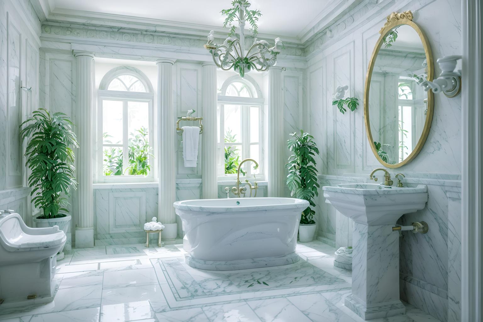 vaporwave-style (bathroom interior) with toilet seat and waste basket and bathtub and shower and bathroom sink with faucet and bath rail and plant and bath towel. . with white roman statues, white roman sculptures, white roman columns, white roman pillars in the center of the room, and hanging plants and white roman statues, white roman sculptures, white roman columns, white roman pillars in the center of the room, and palm trees and white square bathroom tiles and neon glow and bright pink and japanese letters on wall. . cinematic photo, highly detailed, cinematic lighting, ultra-detailed, ultrarealistic, photorealism, 8k. vaporwave interior design style. masterpiece, cinematic light, ultrarealistic+, photorealistic+, 8k, raw photo, realistic, sharp focus on eyes, (symmetrical eyes), (intact eyes), hyperrealistic, highest quality, best quality, , highly detailed, masterpiece, best quality, extremely detailed 8k wallpaper, masterpiece, best quality, ultra-detailed, best shadow, detailed background, detailed face, detailed eyes, high contrast, best illumination, detailed face, dulux, caustic, dynamic angle, detailed glow. dramatic lighting. highly detailed, insanely detailed hair, symmetrical, intricate details, professionally retouched, 8k high definition. strong bokeh. award winning photo.