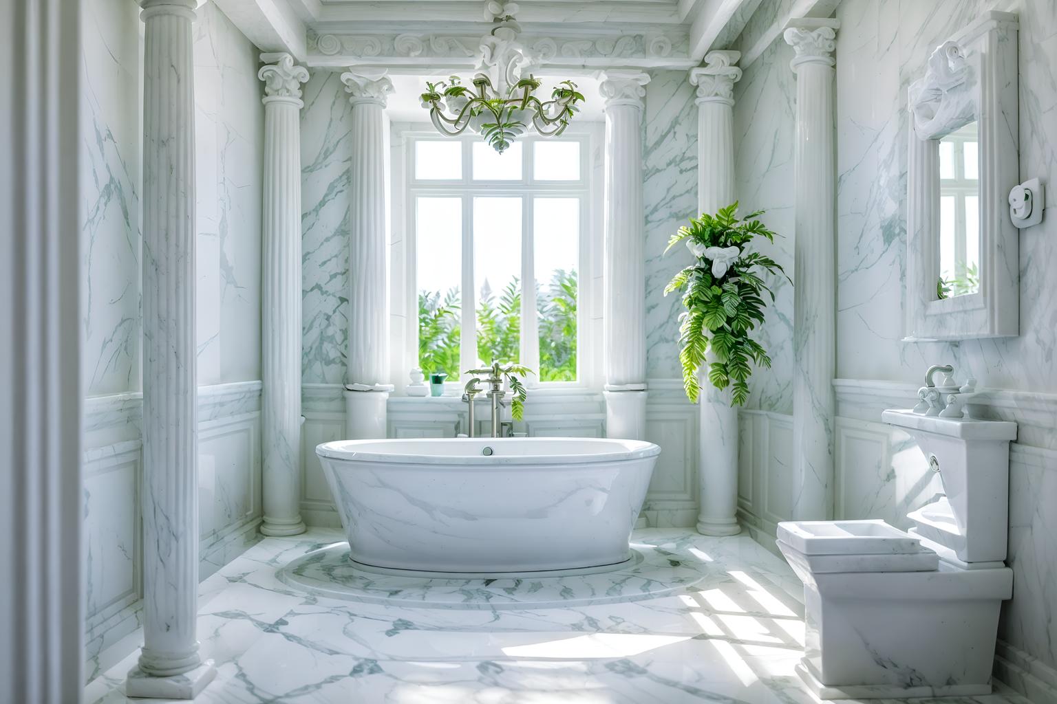 vaporwave-style (bathroom interior) with toilet seat and waste basket and bathtub and shower and bathroom sink with faucet and bath rail and plant and bath towel. . with white roman statues, white roman sculptures, white roman columns, white roman pillars in the center of the room, and hanging plants and white roman statues, white roman sculptures, white roman columns, white roman pillars in the center of the room, and palm trees and white square bathroom tiles and neon glow and bright pink and japanese letters on wall. . cinematic photo, highly detailed, cinematic lighting, ultra-detailed, ultrarealistic, photorealism, 8k. vaporwave interior design style. masterpiece, cinematic light, ultrarealistic+, photorealistic+, 8k, raw photo, realistic, sharp focus on eyes, (symmetrical eyes), (intact eyes), hyperrealistic, highest quality, best quality, , highly detailed, masterpiece, best quality, extremely detailed 8k wallpaper, masterpiece, best quality, ultra-detailed, best shadow, detailed background, detailed face, detailed eyes, high contrast, best illumination, detailed face, dulux, caustic, dynamic angle, detailed glow. dramatic lighting. highly detailed, insanely detailed hair, symmetrical, intricate details, professionally retouched, 8k high definition. strong bokeh. award winning photo.