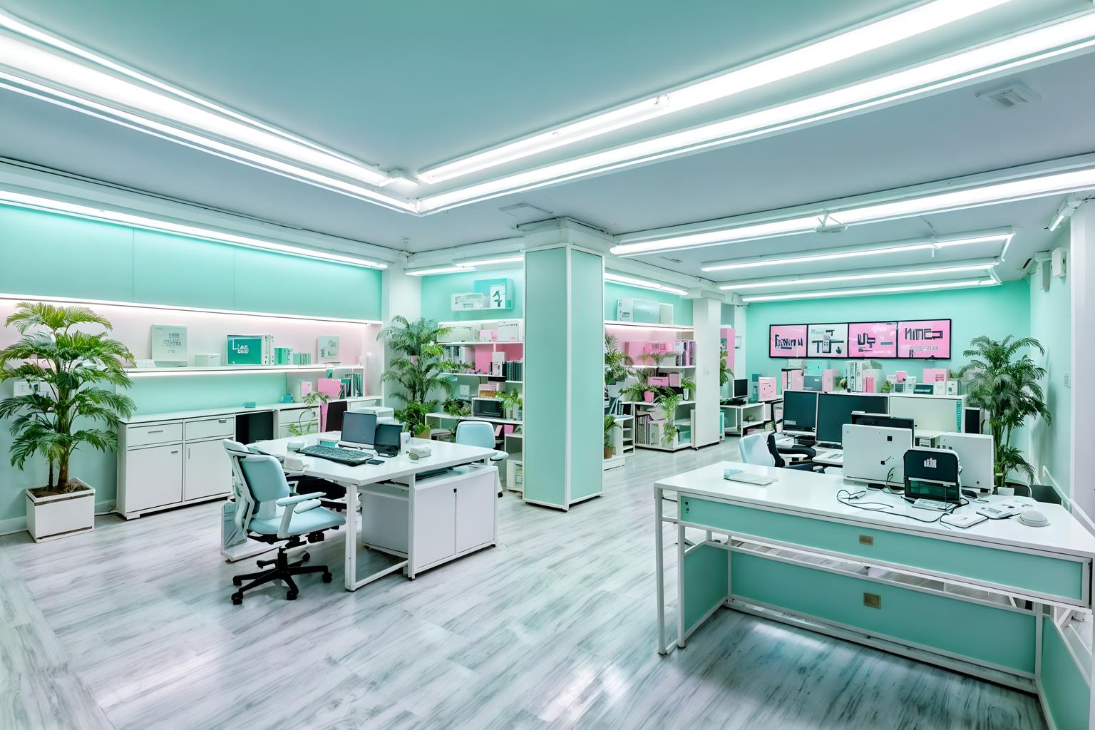 vaporwave-style (home office interior) with desk lamp and computer desk and cabinets and plant and office chair and desk lamp. . with baby blue and white roman statues, white roman sculptures, white roman columns, white roman pillars in the center of the room, and 1980s retail shops and palm trees and bright pink and neon glow and purple lights and purple lights. . cinematic photo, highly detailed, cinematic lighting, ultra-detailed, ultrarealistic, photorealism, 8k. vaporwave interior design style. masterpiece, cinematic light, ultrarealistic+, photorealistic+, 8k, raw photo, realistic, sharp focus on eyes, (symmetrical eyes), (intact eyes), hyperrealistic, highest quality, best quality, , highly detailed, masterpiece, best quality, extremely detailed 8k wallpaper, masterpiece, best quality, ultra-detailed, best shadow, detailed background, detailed face, detailed eyes, high contrast, best illumination, detailed face, dulux, caustic, dynamic angle, detailed glow. dramatic lighting. highly detailed, insanely detailed hair, symmetrical, intricate details, professionally retouched, 8k high definition. strong bokeh. award winning photo.