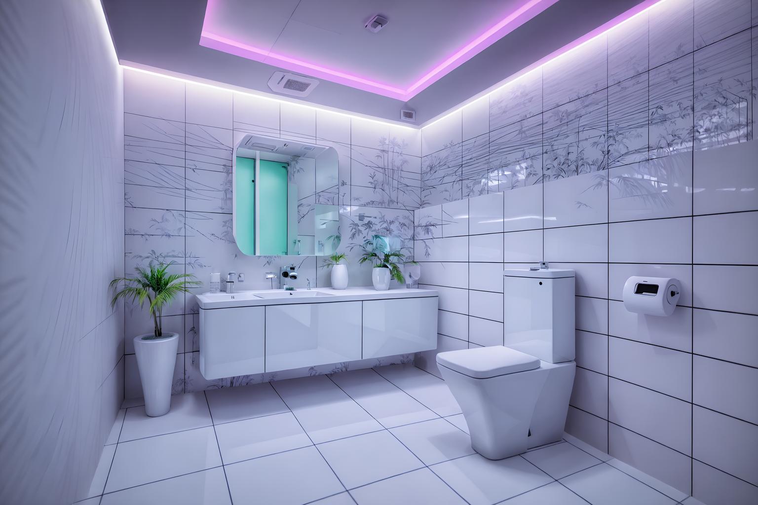 vaporwave-style (toilet interior) with sink with tap and toilet with toilet seat up and toilet paper hanger and sink with tap. . with white square bathroom tiles and neon glow and white square bathroom tiles and neon glow and palm trees and japanese letters on wall and purple lights and neon glow. . cinematic photo, highly detailed, cinematic lighting, ultra-detailed, ultrarealistic, photorealism, 8k. vaporwave interior design style. masterpiece, cinematic light, ultrarealistic+, photorealistic+, 8k, raw photo, realistic, sharp focus on eyes, (symmetrical eyes), (intact eyes), hyperrealistic, highest quality, best quality, , highly detailed, masterpiece, best quality, extremely detailed 8k wallpaper, masterpiece, best quality, ultra-detailed, best shadow, detailed background, detailed face, detailed eyes, high contrast, best illumination, detailed face, dulux, caustic, dynamic angle, detailed glow. dramatic lighting. highly detailed, insanely detailed hair, symmetrical, intricate details, professionally retouched, 8k high definition. strong bokeh. award winning photo.