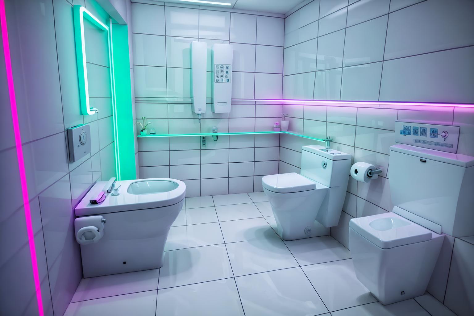 vaporwave-style (toilet interior) with sink with tap and toilet with toilet seat up and toilet paper hanger and sink with tap. . with white square bathroom tiles and neon glow and white square bathroom tiles and neon glow and palm trees and japanese letters on wall and purple lights and neon glow. . cinematic photo, highly detailed, cinematic lighting, ultra-detailed, ultrarealistic, photorealism, 8k. vaporwave interior design style. masterpiece, cinematic light, ultrarealistic+, photorealistic+, 8k, raw photo, realistic, sharp focus on eyes, (symmetrical eyes), (intact eyes), hyperrealistic, highest quality, best quality, , highly detailed, masterpiece, best quality, extremely detailed 8k wallpaper, masterpiece, best quality, ultra-detailed, best shadow, detailed background, detailed face, detailed eyes, high contrast, best illumination, detailed face, dulux, caustic, dynamic angle, detailed glow. dramatic lighting. highly detailed, insanely detailed hair, symmetrical, intricate details, professionally retouched, 8k high definition. strong bokeh. award winning photo.