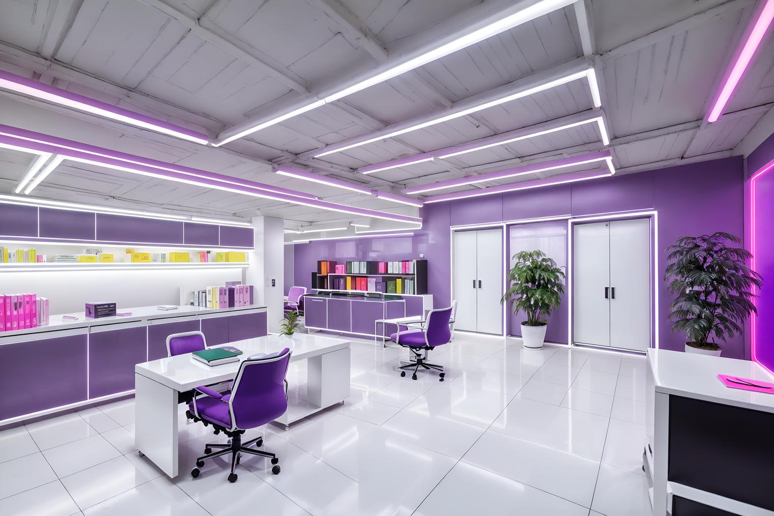 vaporwave-style (study room interior) with office chair and lounge chair and cabinets and desk lamp and plant and writing desk and bookshelves and office chair. . with 1980s retail shops and neon glow and white square bathroom tiles and neon glow and white square bathroom tiles and purple lights and white roman statues, white roman sculptures, white roman columns, white roman pillars in the center of the room, and purple lights. . cinematic photo, highly detailed, cinematic lighting, ultra-detailed, ultrarealistic, photorealism, 8k. vaporwave interior design style. masterpiece, cinematic light, ultrarealistic+, photorealistic+, 8k, raw photo, realistic, sharp focus on eyes, (symmetrical eyes), (intact eyes), hyperrealistic, highest quality, best quality, , highly detailed, masterpiece, best quality, extremely detailed 8k wallpaper, masterpiece, best quality, ultra-detailed, best shadow, detailed background, detailed face, detailed eyes, high contrast, best illumination, detailed face, dulux, caustic, dynamic angle, detailed glow. dramatic lighting. highly detailed, insanely detailed hair, symmetrical, intricate details, professionally retouched, 8k high definition. strong bokeh. award winning photo.